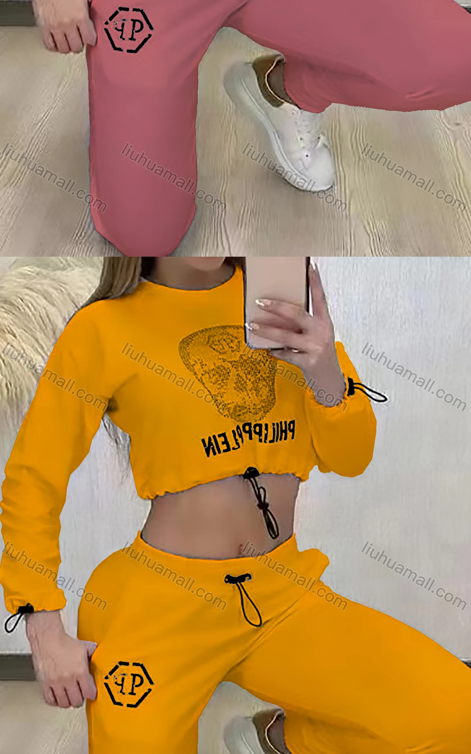 Wholesale Women's Casual Drawstring Skull Rhinestone Letter Long Sleeve Crop Top & Sweatpants Set - Liuhuamall