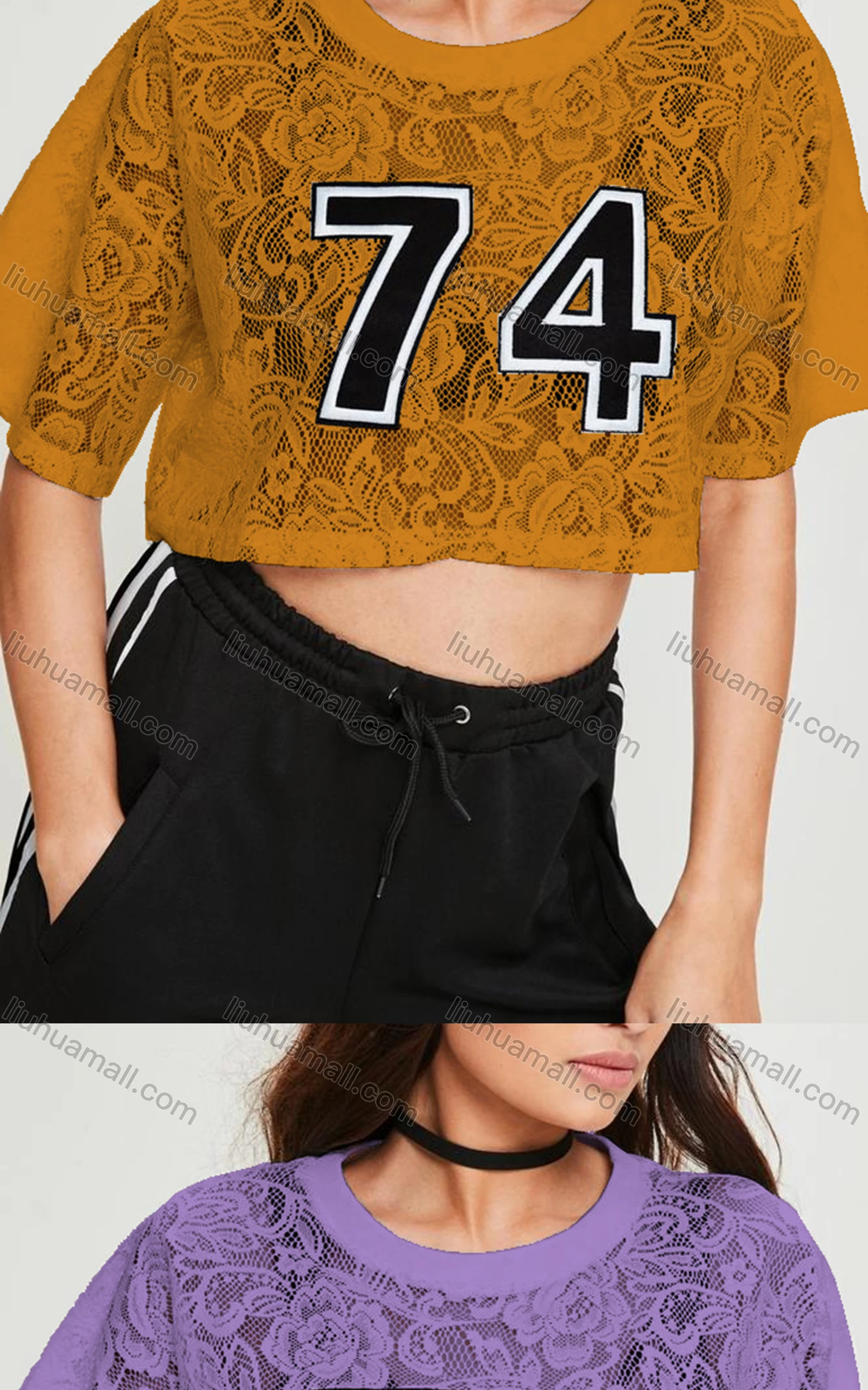 Wholesale Women's Casual Crew Neck Half Sleeve Lace Crop Top - Liuhuamall