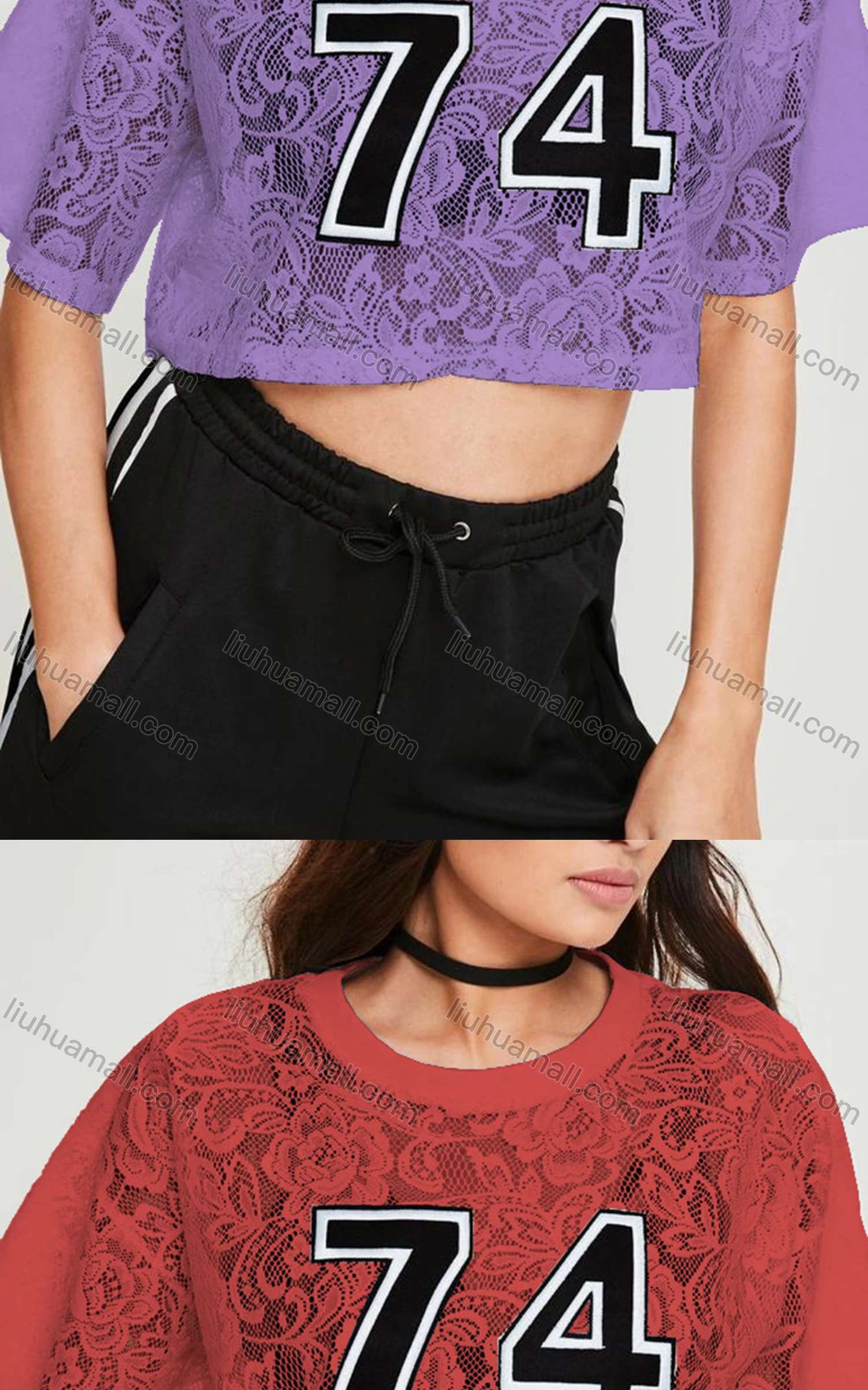 Wholesale Women's Casual Crew Neck Half Sleeve Lace Crop Top - Liuhuamall