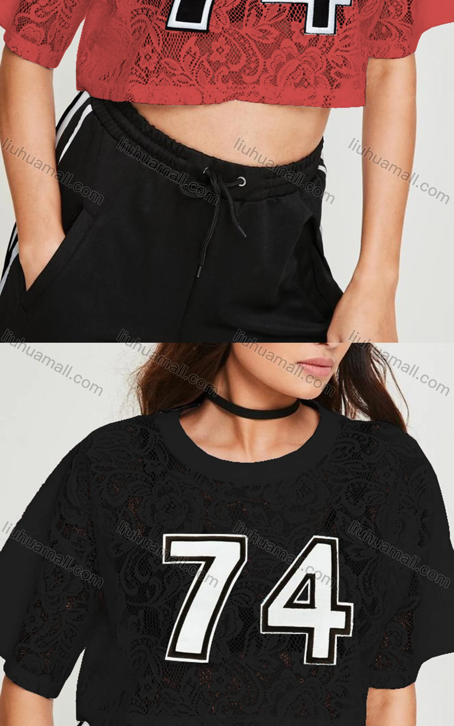 Wholesale Women's Casual Crew Neck Half Sleeve Lace Crop Top - Liuhuamall