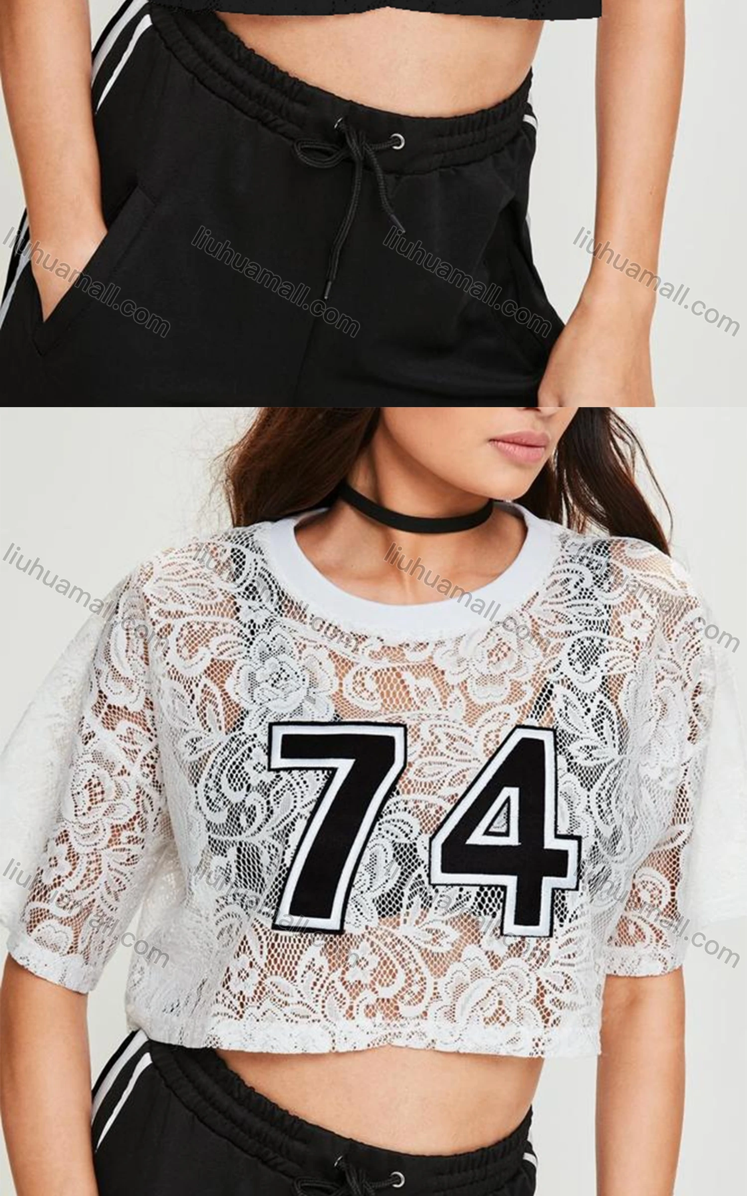 Wholesale Women's Casual Crew Neck Half Sleeve Lace Crop Top - Liuhuamall