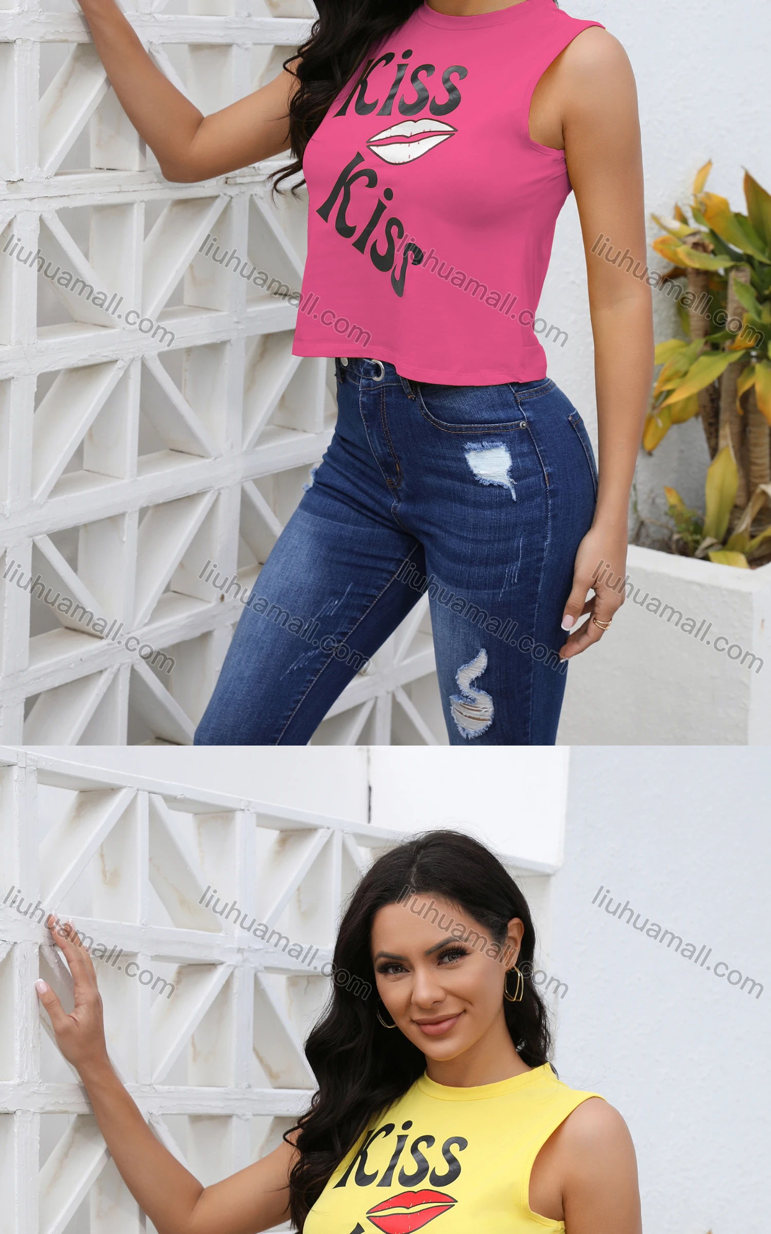 Wholesale Women's Casual Slim Fit Crew Neck Sleeveless Letter Tank Top - Liuhuamall