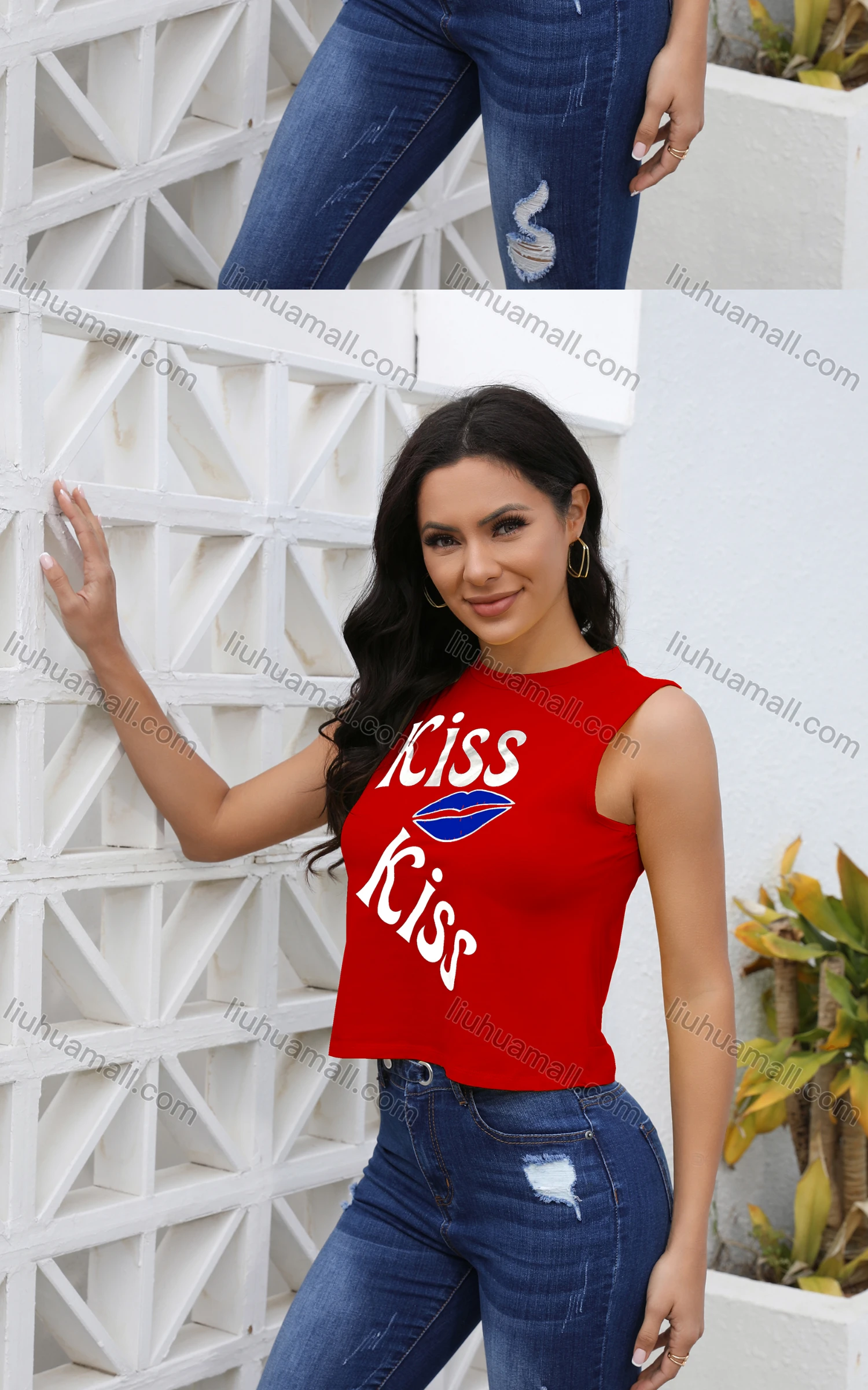 Wholesale Women's Casual Slim Fit Crew Neck Sleeveless Letter Tank Top - Liuhuamall