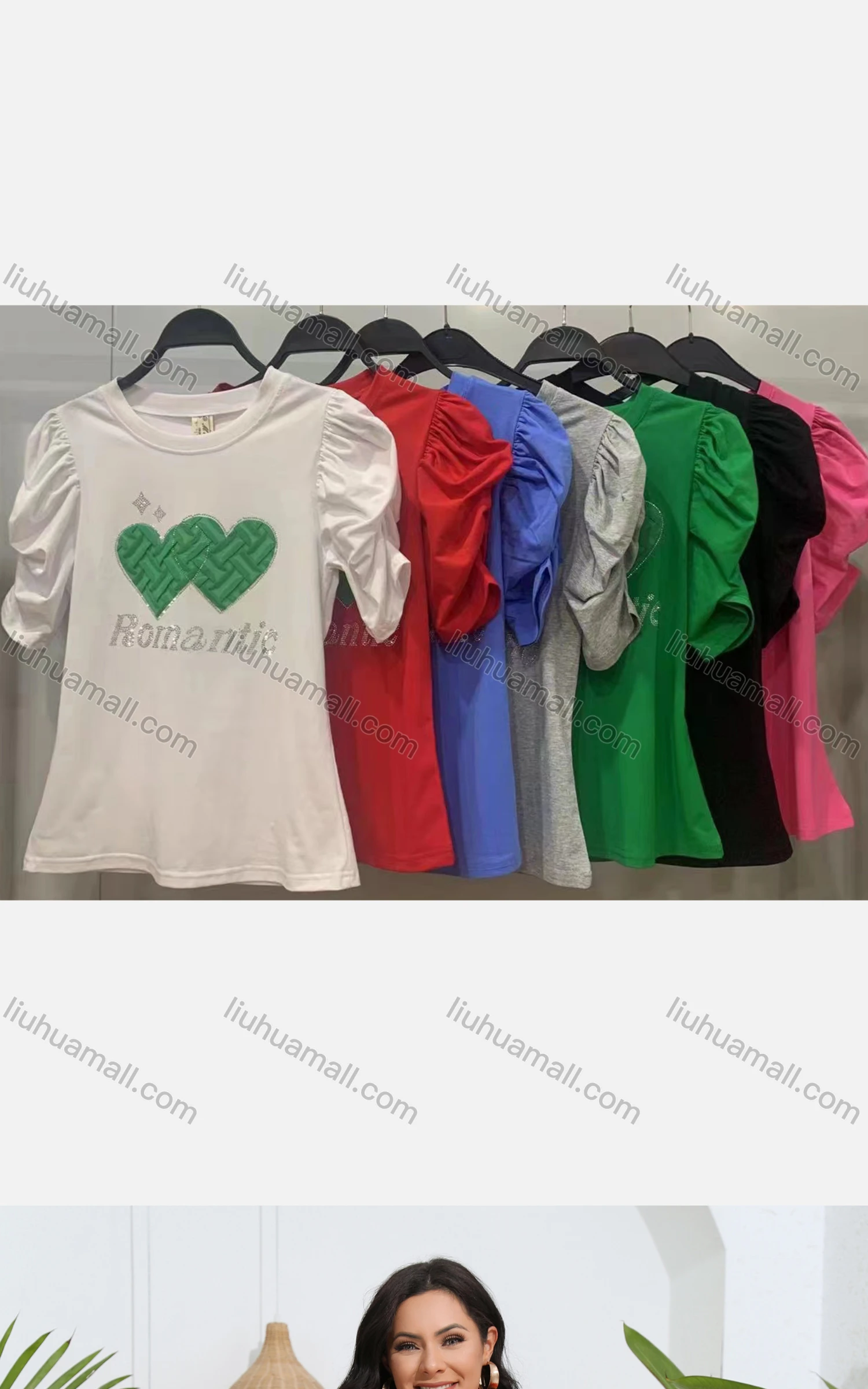 Wholesale Women's Casual Crew Neck Puff Sleeve Heart Print Top - Liuhuamall