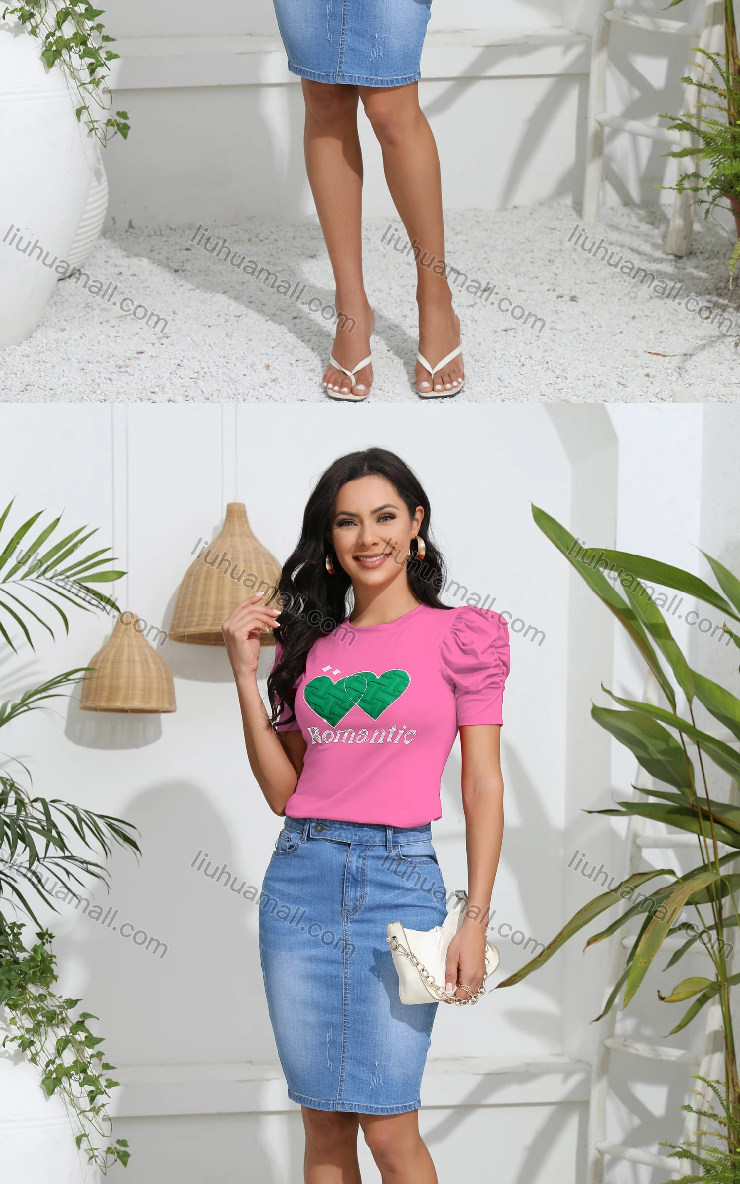 Wholesale Women's Casual Crew Neck Puff Sleeve Heart Print Top - Liuhuamall