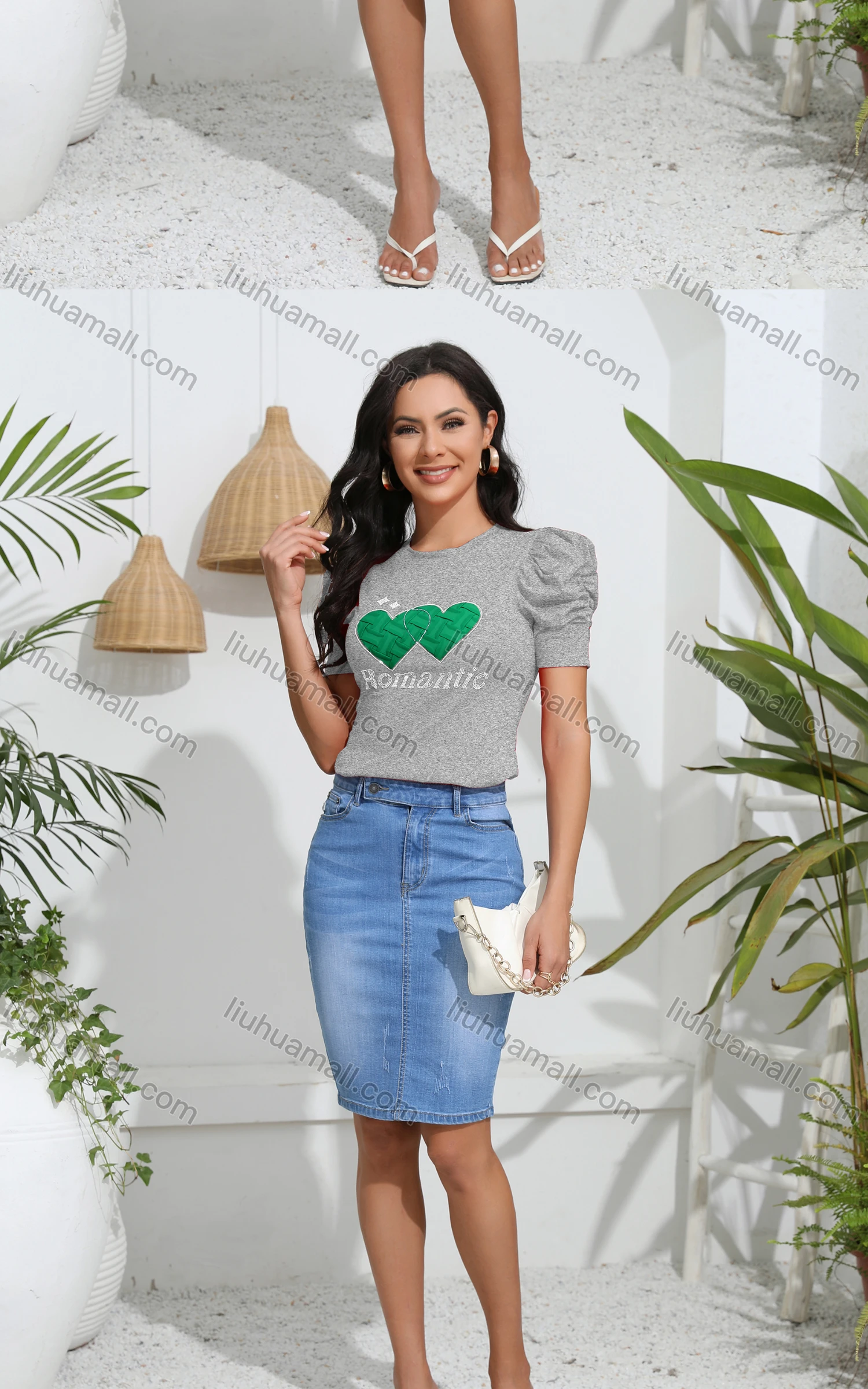 Wholesale Women's Casual Crew Neck Puff Sleeve Heart Print Top - Liuhuamall