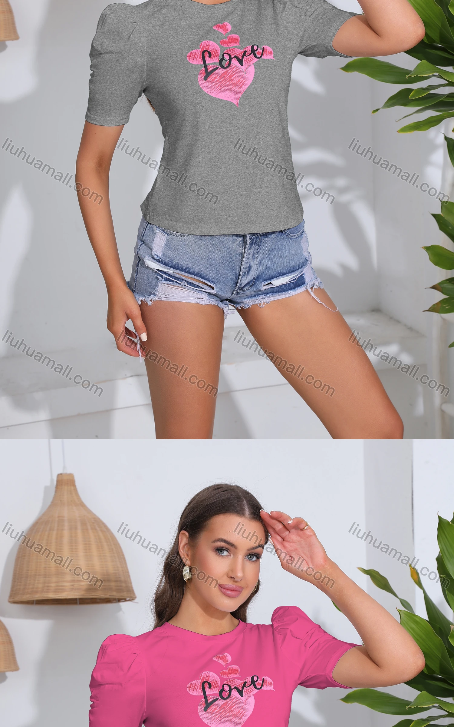 Wholesale Women's Casual Crew Neck Puff Sleeve Slim Fit Heart Print Top - Liuhuamall