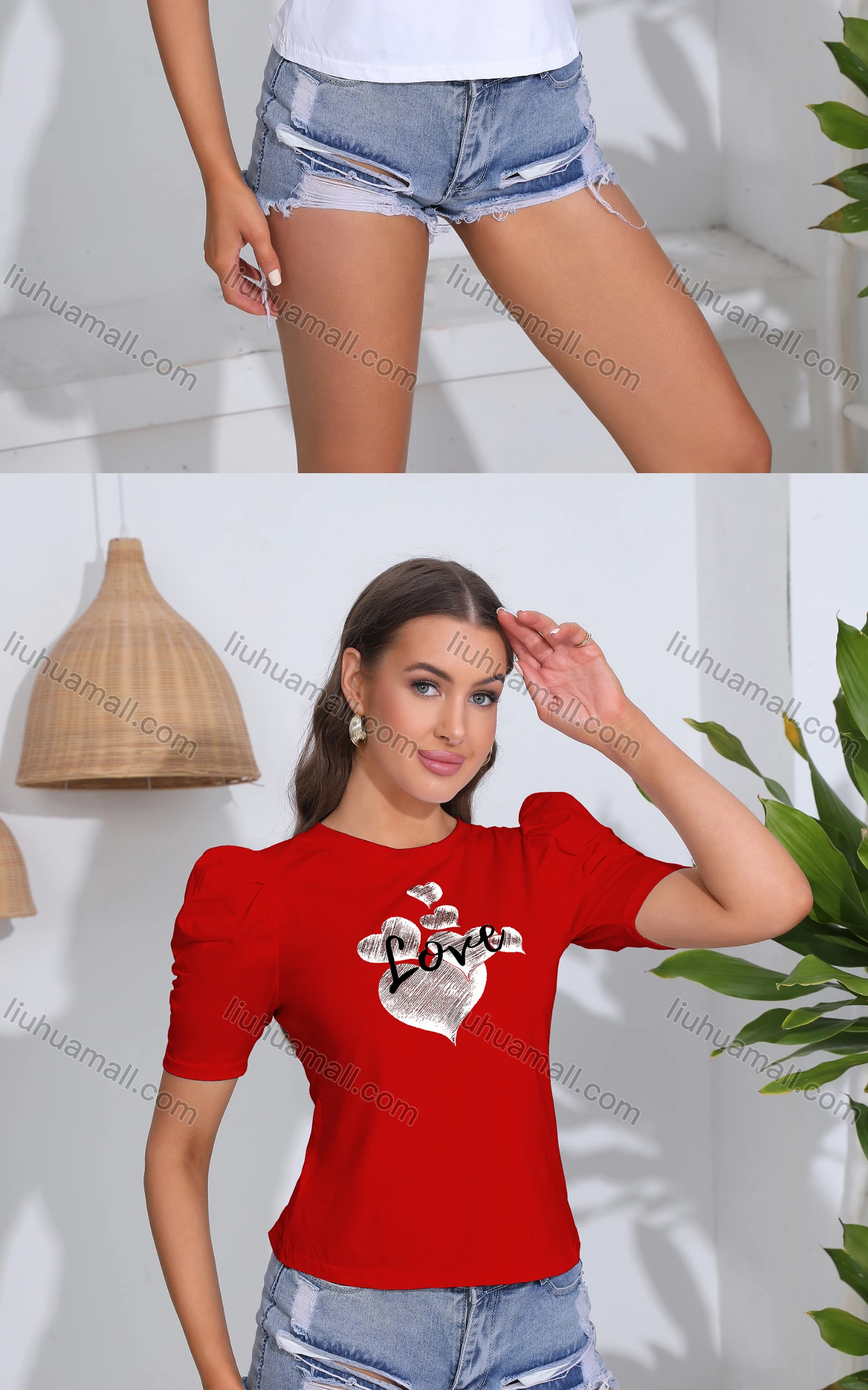 Wholesale Women's Casual Crew Neck Puff Sleeve Slim Fit Heart Print Top - Liuhuamall