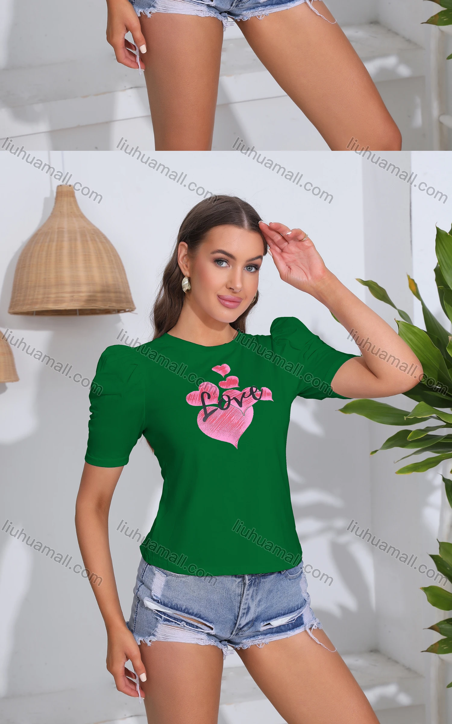 Wholesale Women's Casual Crew Neck Puff Sleeve Slim Fit Heart Print Top - Liuhuamall