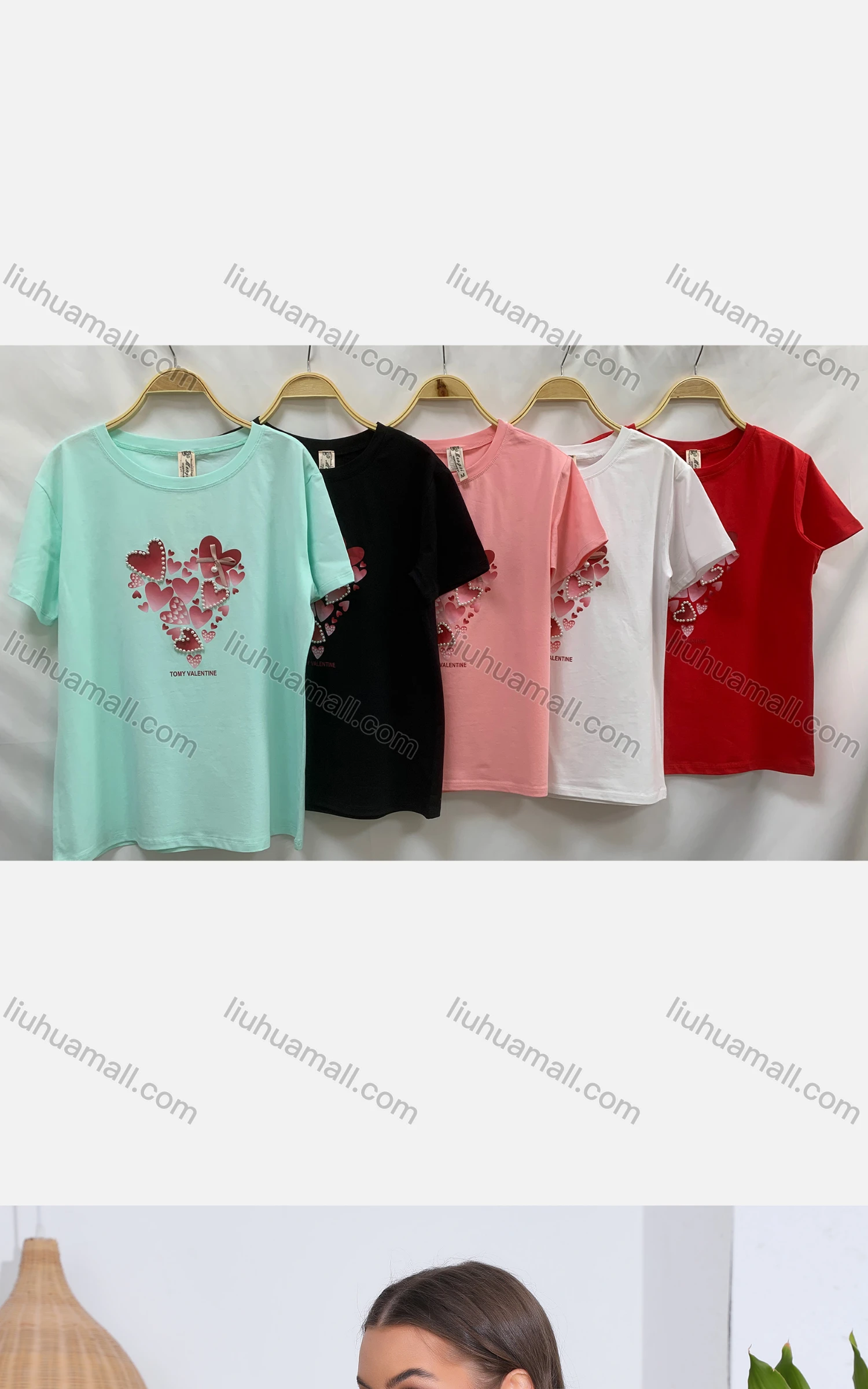 Wholesale Women's Casual Heart Print Crew Neck Short Sleeve T-Shirt - Liuhuamall