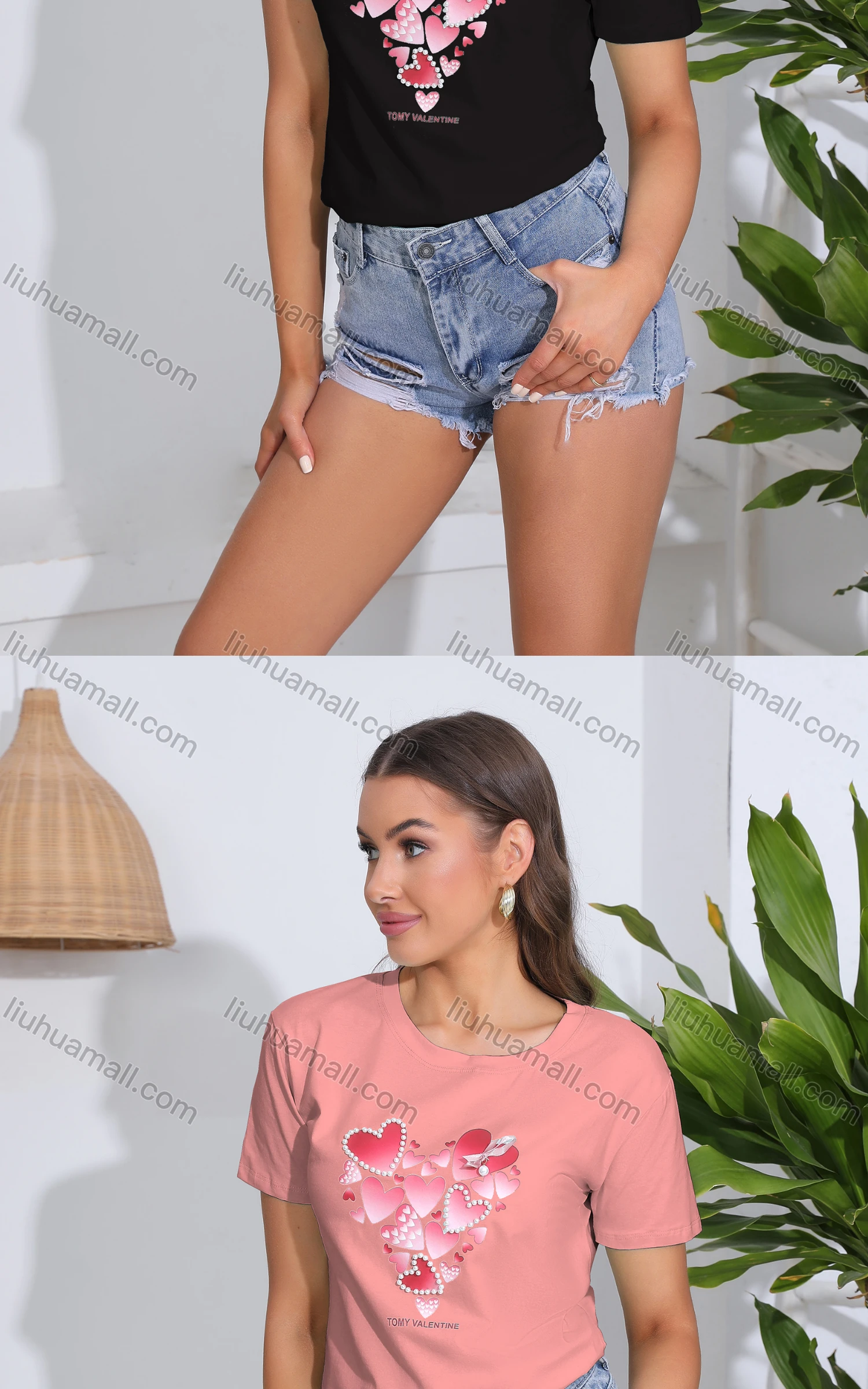 Wholesale Women's Casual Heart Print Crew Neck Short Sleeve T-Shirt - Liuhuamall