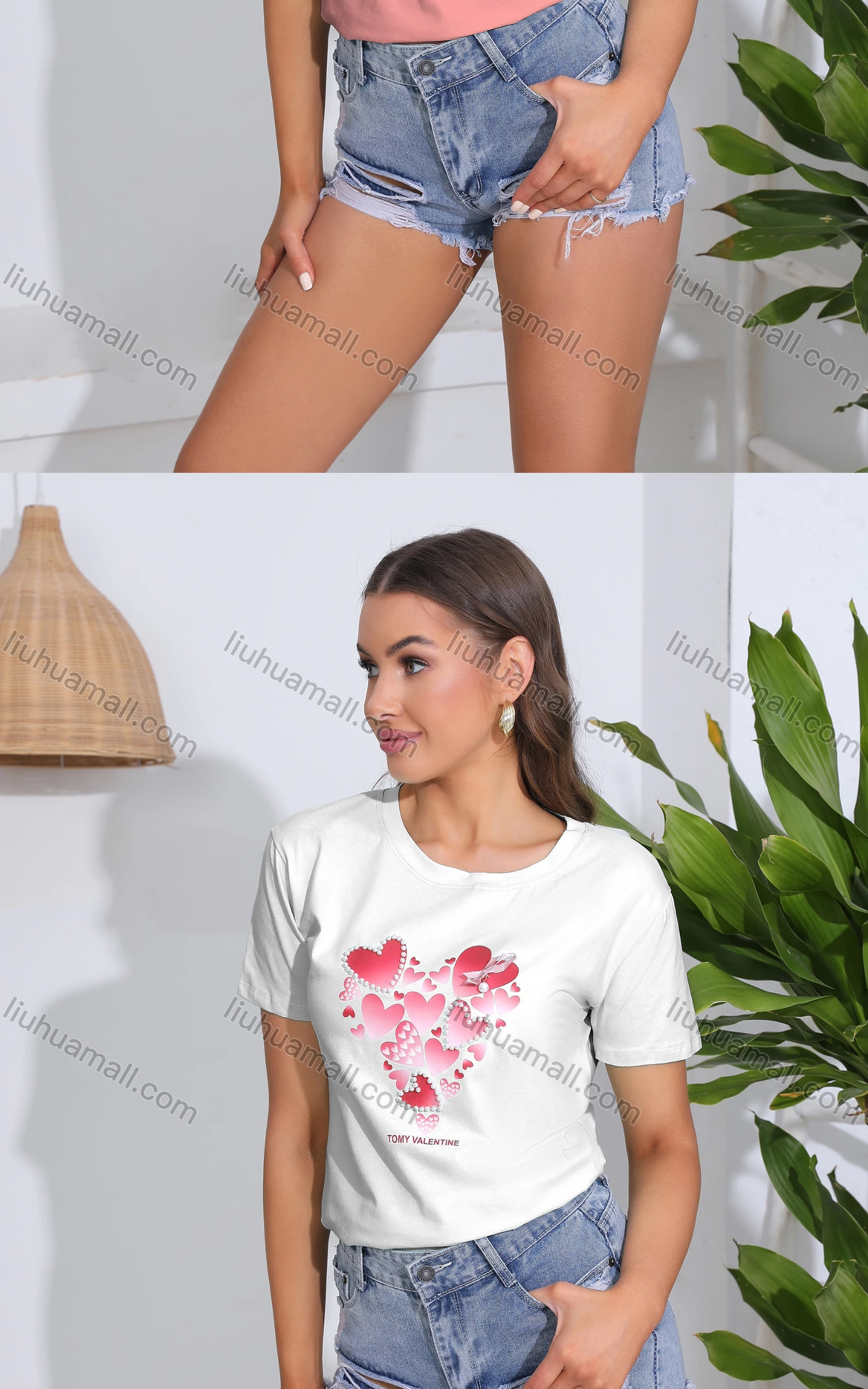 Wholesale Women's Casual Heart Print Crew Neck Short Sleeve T-Shirt - Liuhuamall