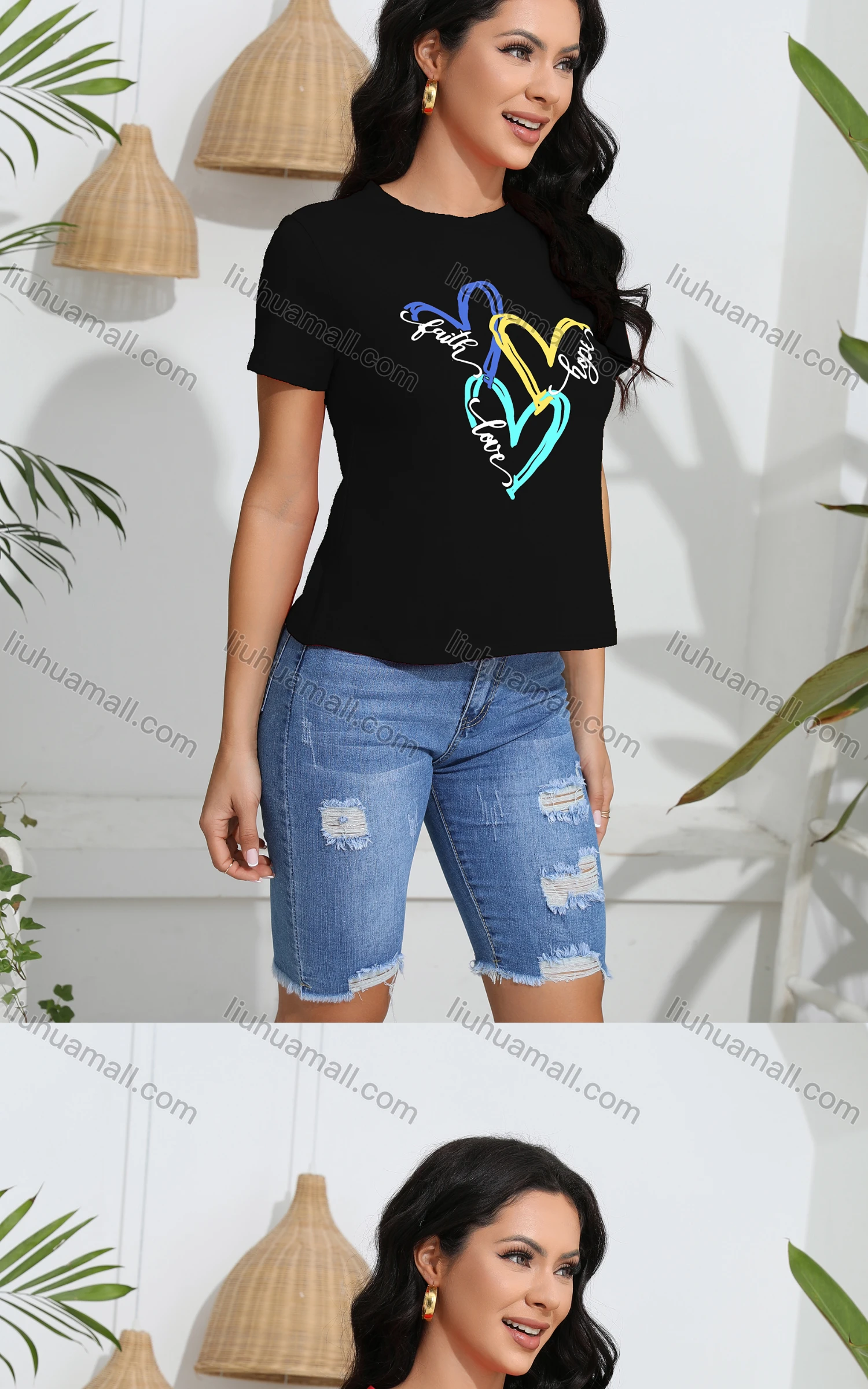 Wholesale Women's Casual Slim Fit Heart Print Crew Neck Short Sleeve T-Shirt - Liuhuamall