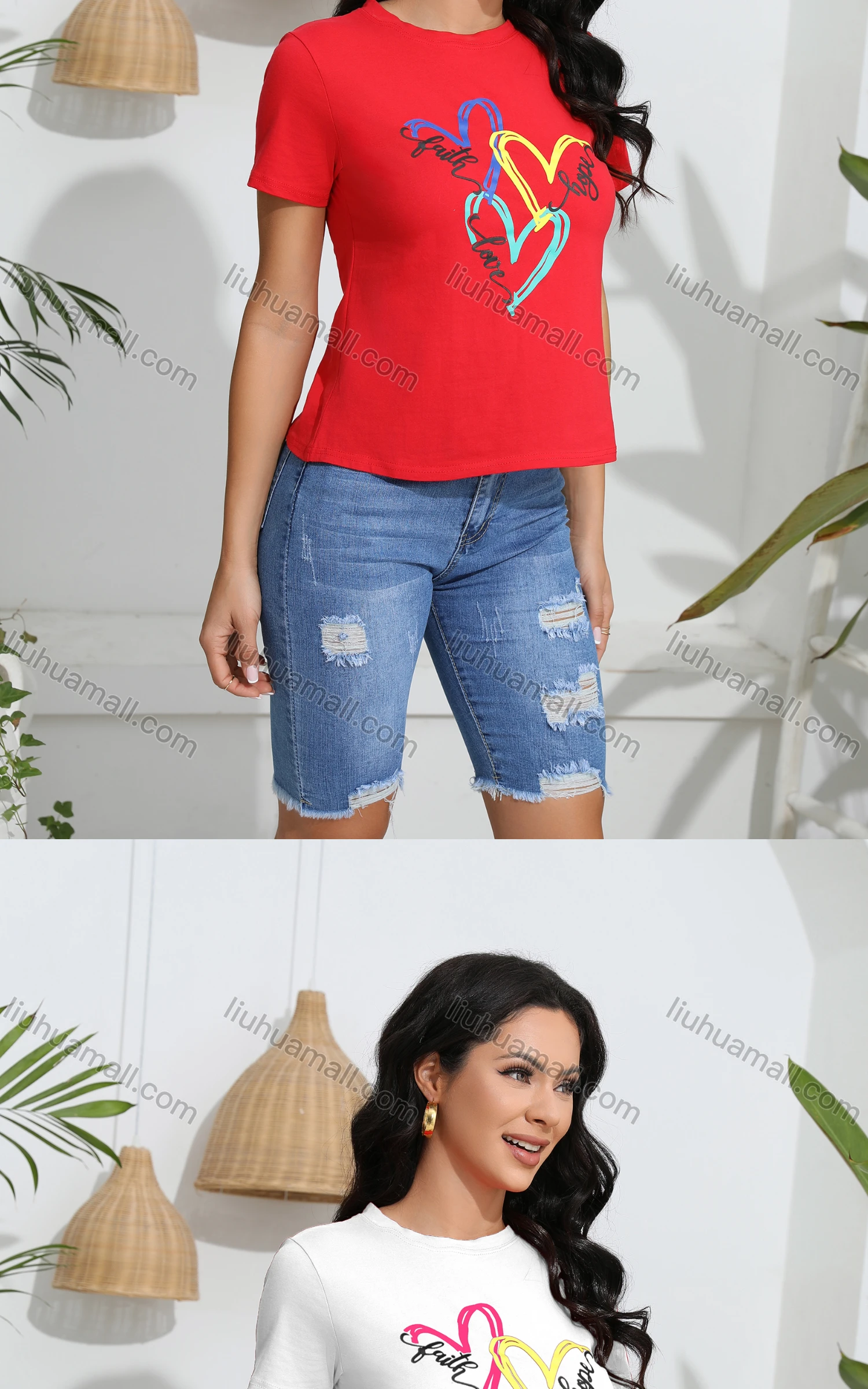 Wholesale Women's Casual Slim Fit Heart Print Crew Neck Short Sleeve T-Shirt - Liuhuamall