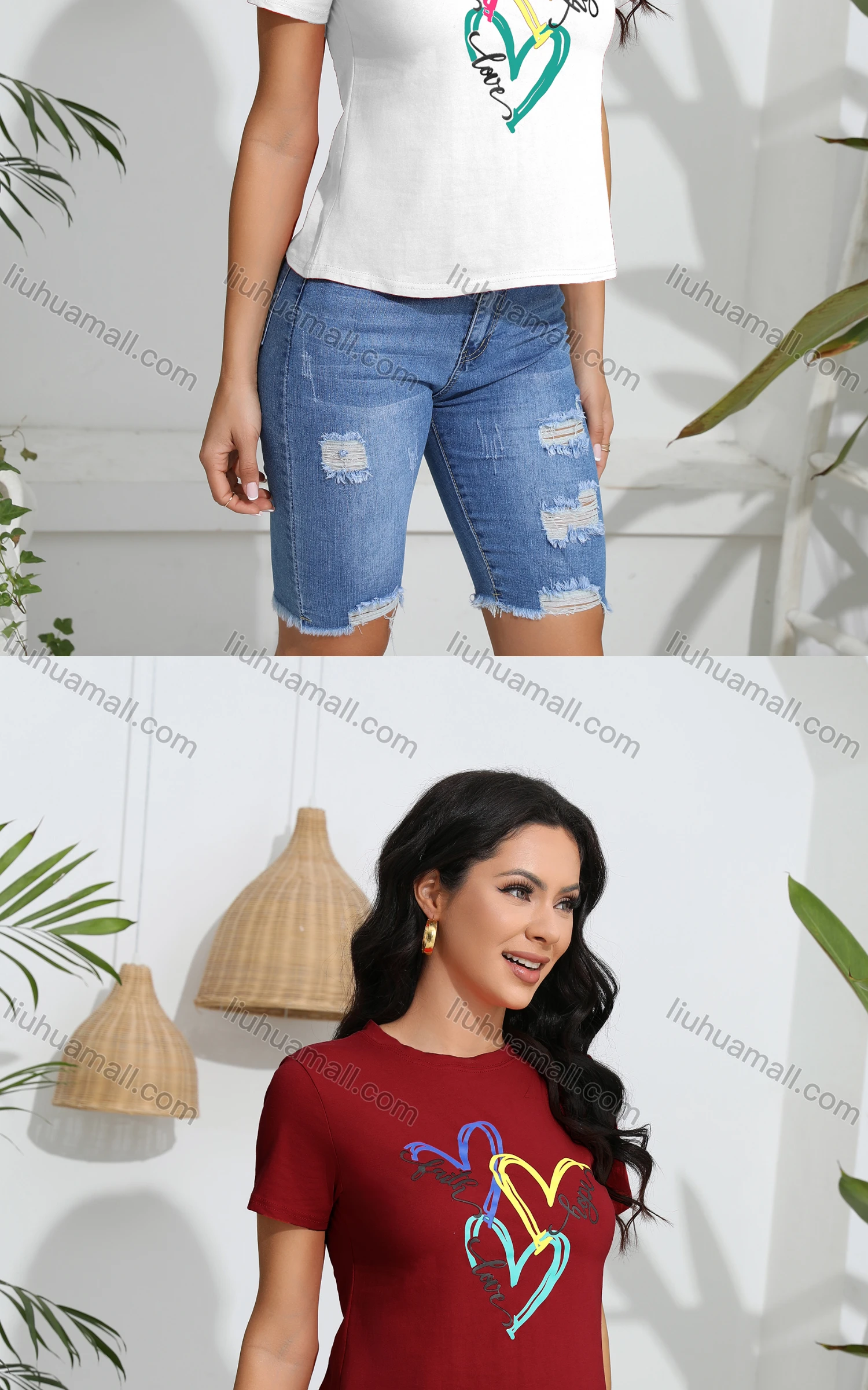 Wholesale Women's Casual Slim Fit Heart Print Crew Neck Short Sleeve T-Shirt - Liuhuamall