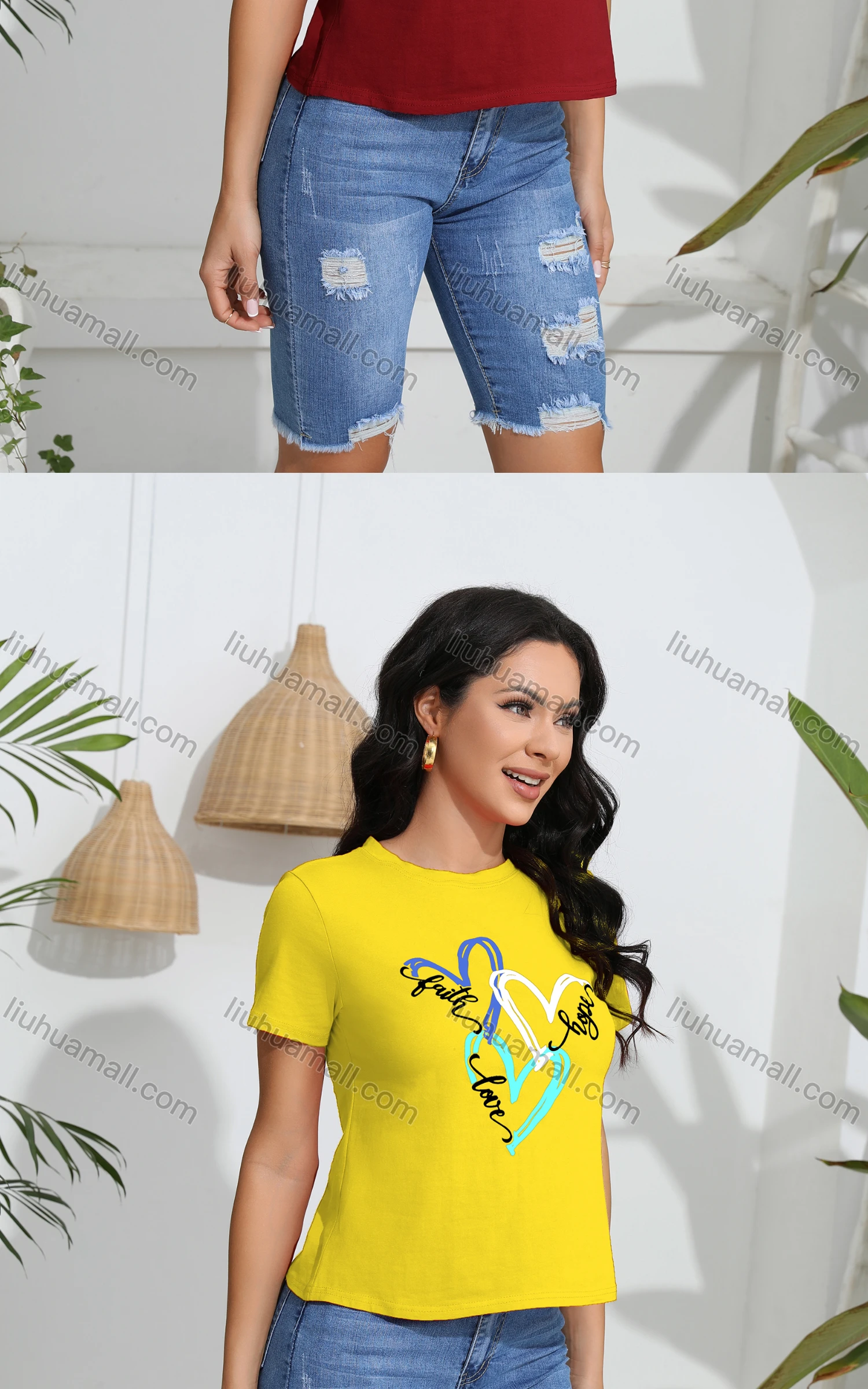 Wholesale Women's Casual Slim Fit Heart Print Crew Neck Short Sleeve T-Shirt - Liuhuamall