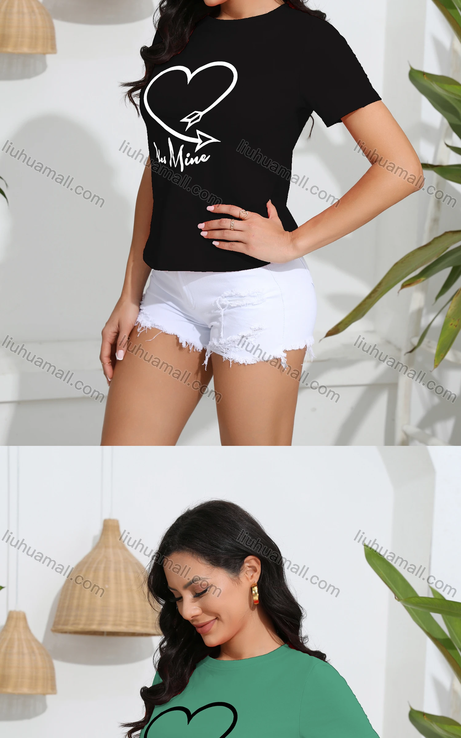 Wholesale Women's Casual Letter Heart Print Crew Neck Short Sleeve T-Shirt - Liuhuamall