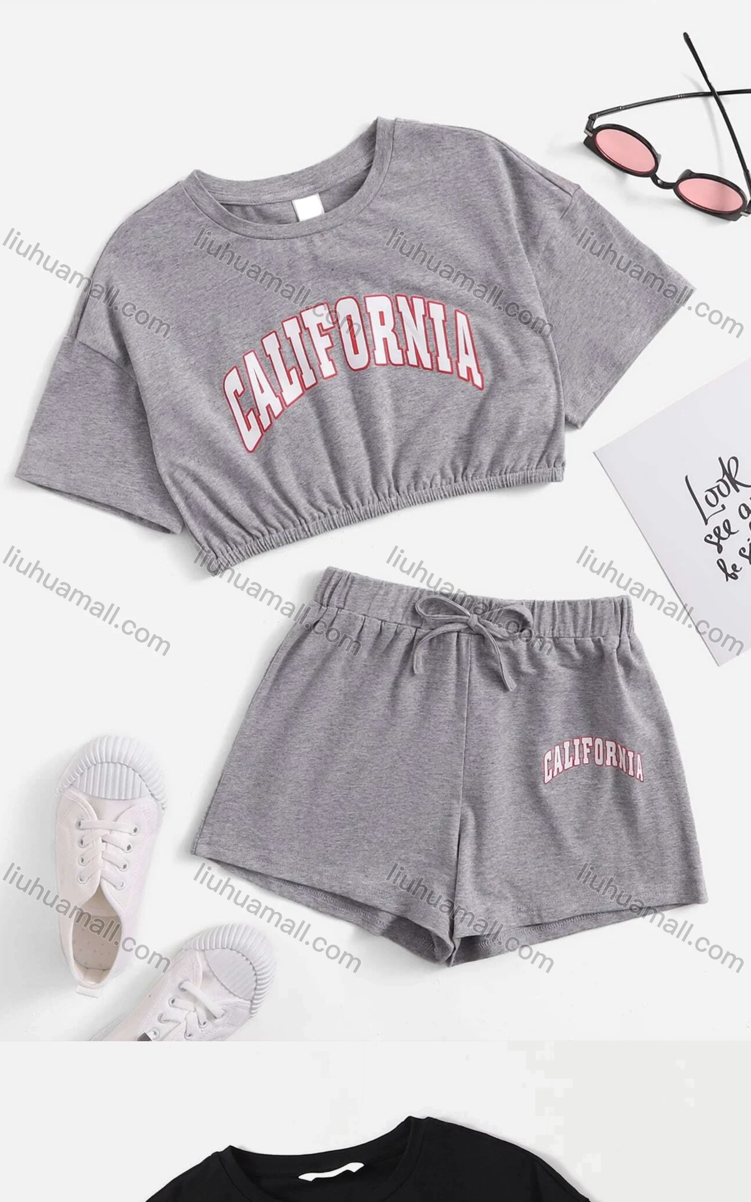 Wholesale Girls Casual Letter Crop Top & Elastic Waist Drawstring Hot Shorts Set - Liuhuamall