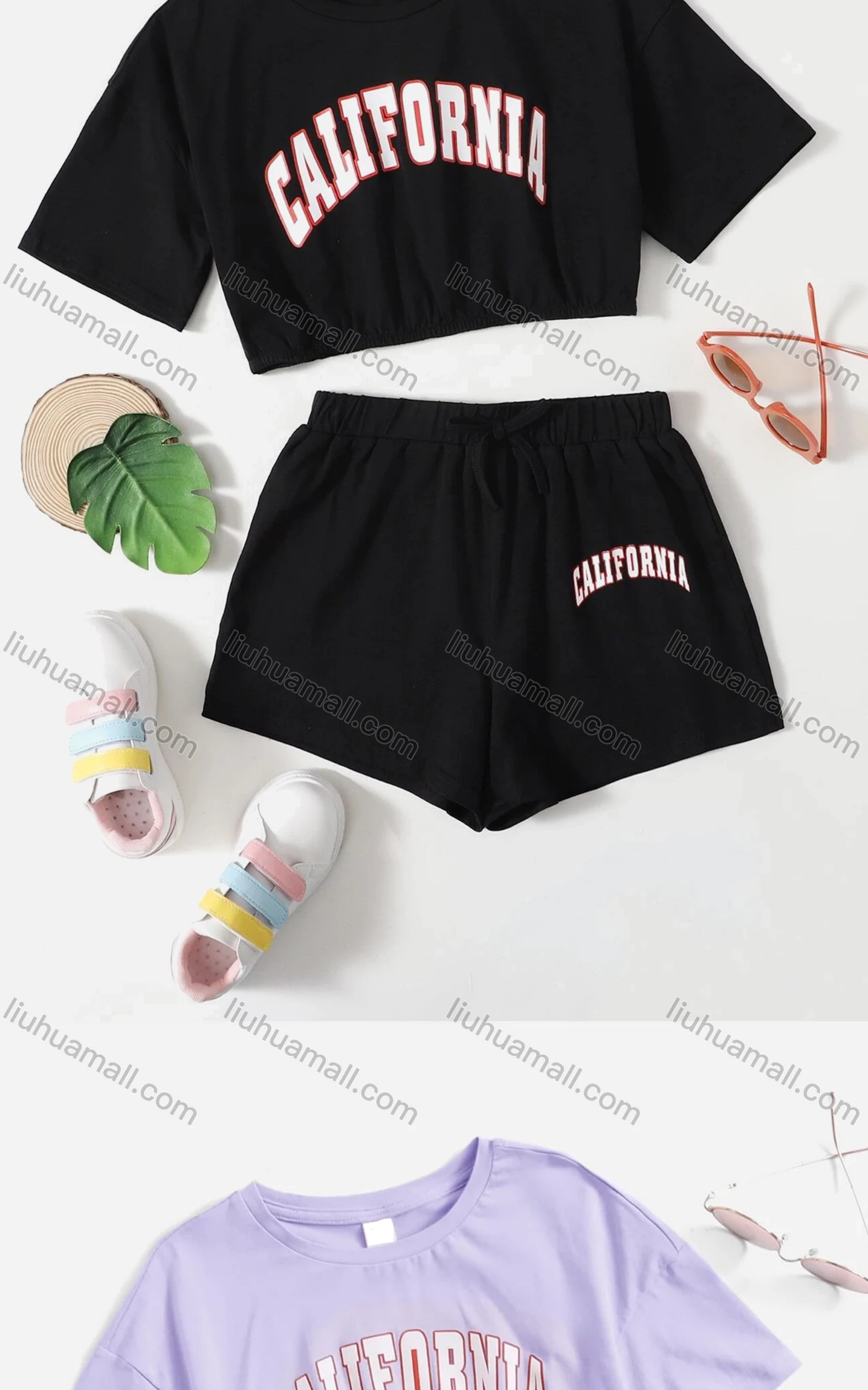 Wholesale Girls Casual Letter Crop Top & Elastic Waist Drawstring Hot Shorts Set - Liuhuamall