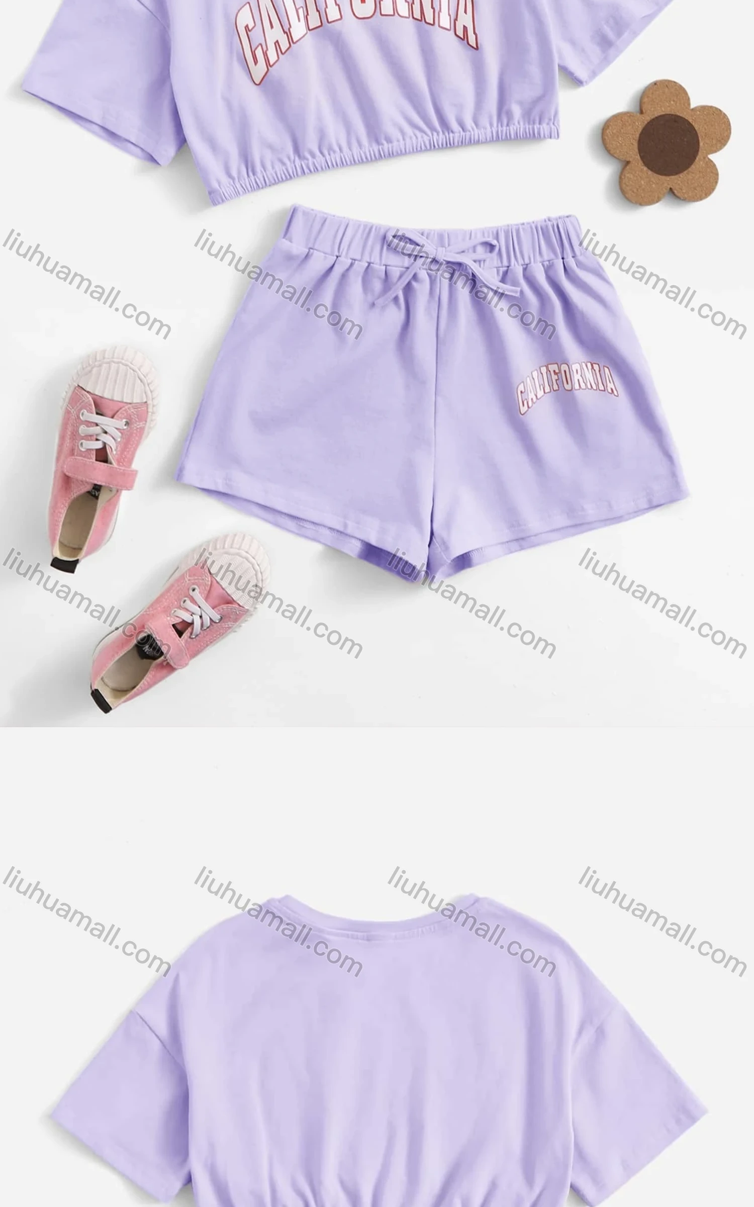 Wholesale Girls Casual Letter Crop Top & Elastic Waist Drawstring Hot Shorts Set - Liuhuamall