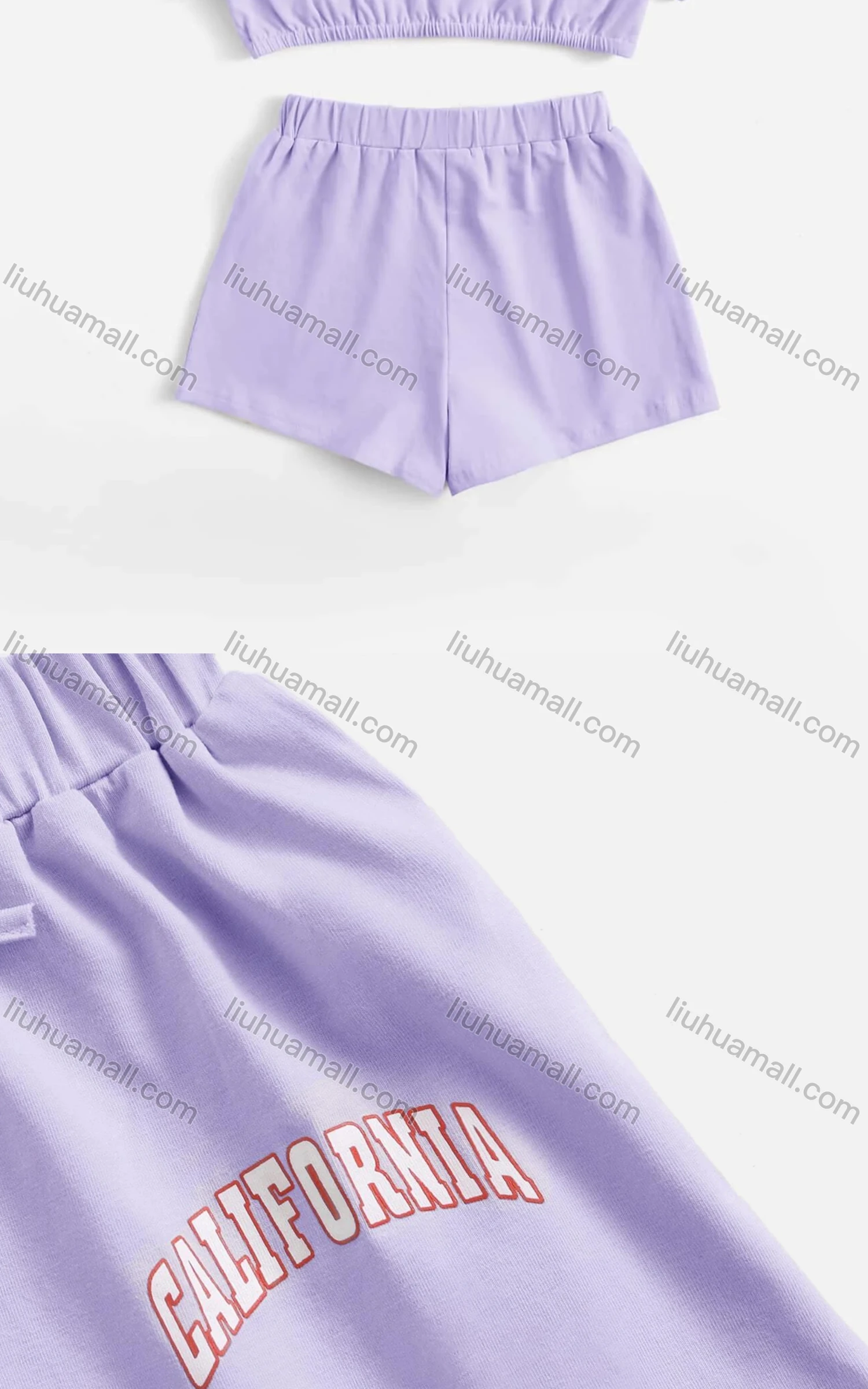 Wholesale Girls Casual Letter Crop Top & Elastic Waist Drawstring Hot Shorts Set - Liuhuamall
