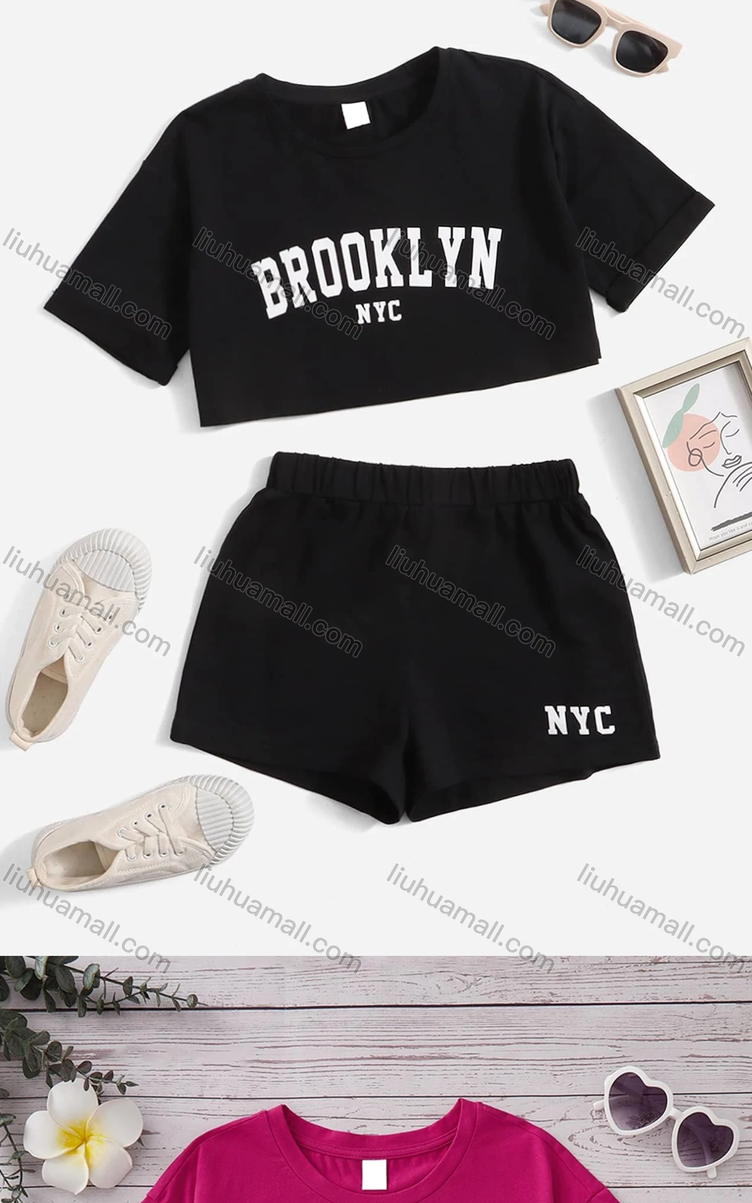 Wholesale Girls Casual Letter Crop Top & Elastic Waist Hot Shorts Set - Liuhuamall