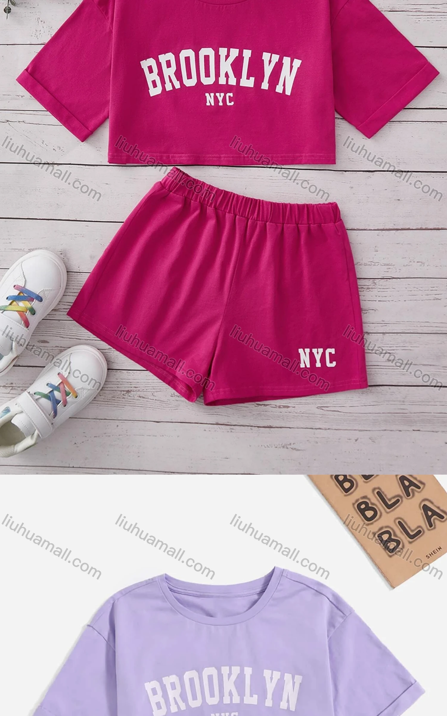 Wholesale Girls Casual Letter Crop Top & Elastic Waist Hot Shorts Set - Liuhuamall