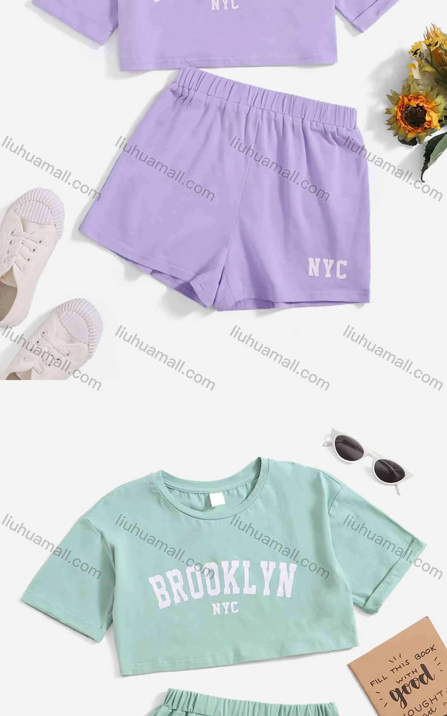 Wholesale Girls Casual Letter Crop Top & Elastic Waist Hot Shorts Set - Liuhuamall
