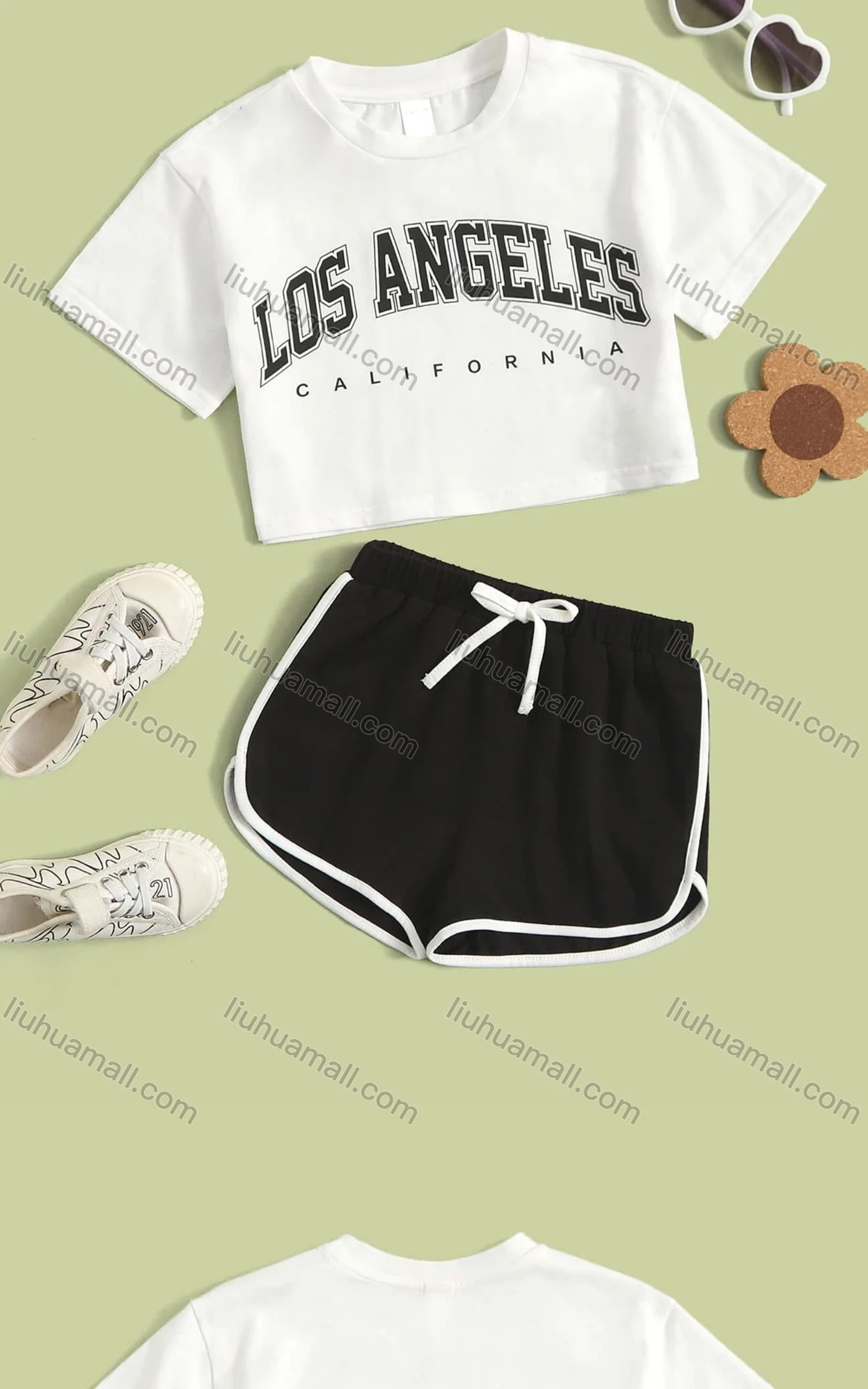 Wholesale Women's Casual Crew Neck Letter Crop Top & Drawstring Elastic Waist Hot Shorts Set - Liuhuamall