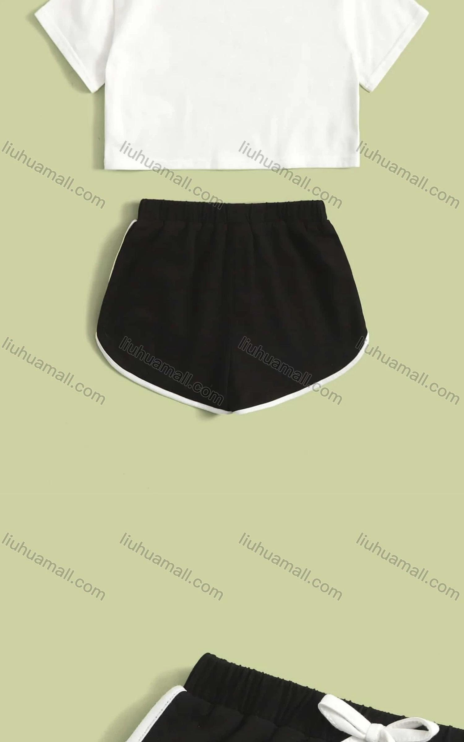 Wholesale Women's Casual Crew Neck Letter Crop Top & Drawstring Elastic Waist Hot Shorts Set - Liuhuamall