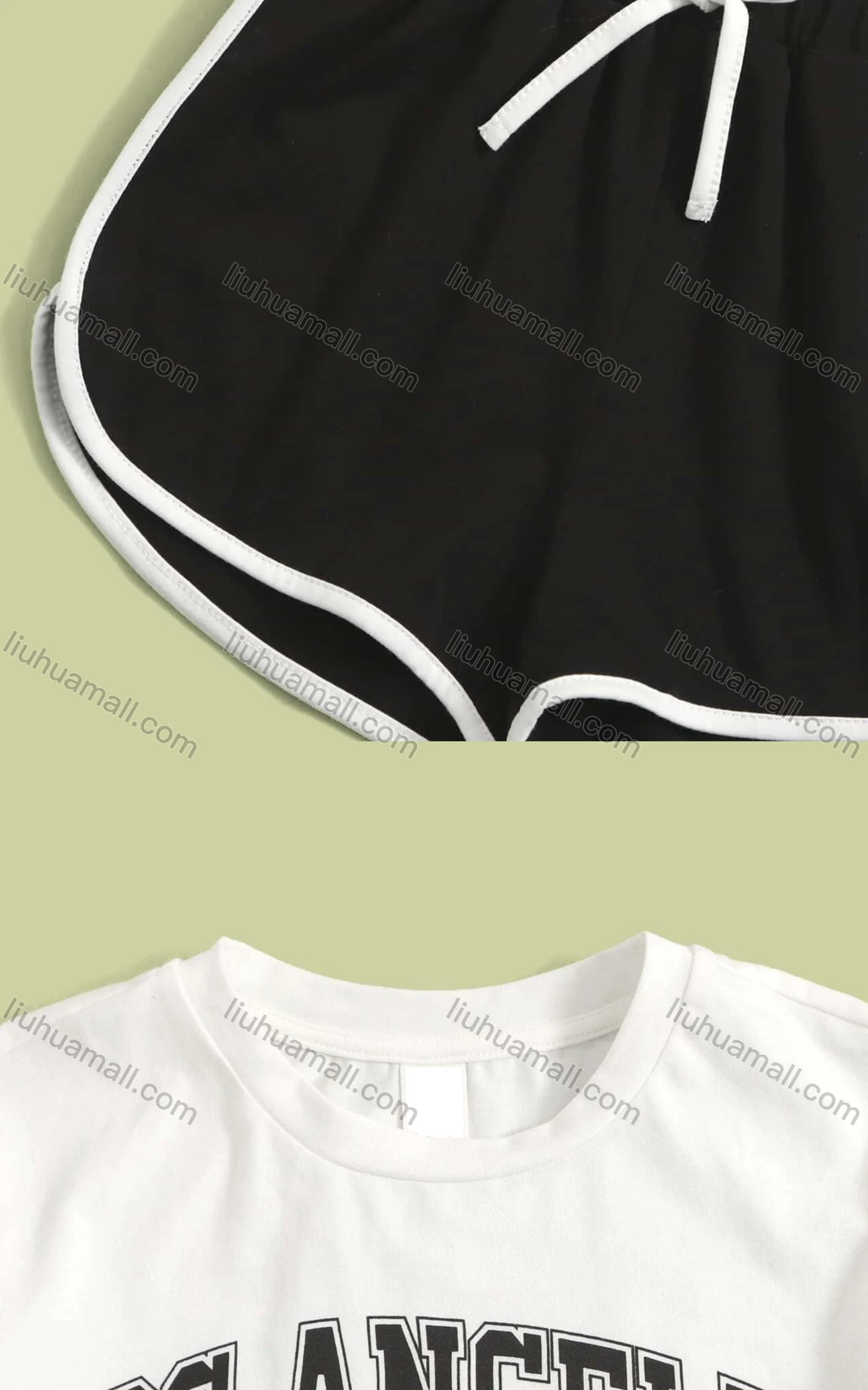 Wholesale Women's Casual Crew Neck Letter Crop Top & Drawstring Elastic Waist Hot Shorts Set - Liuhuamall