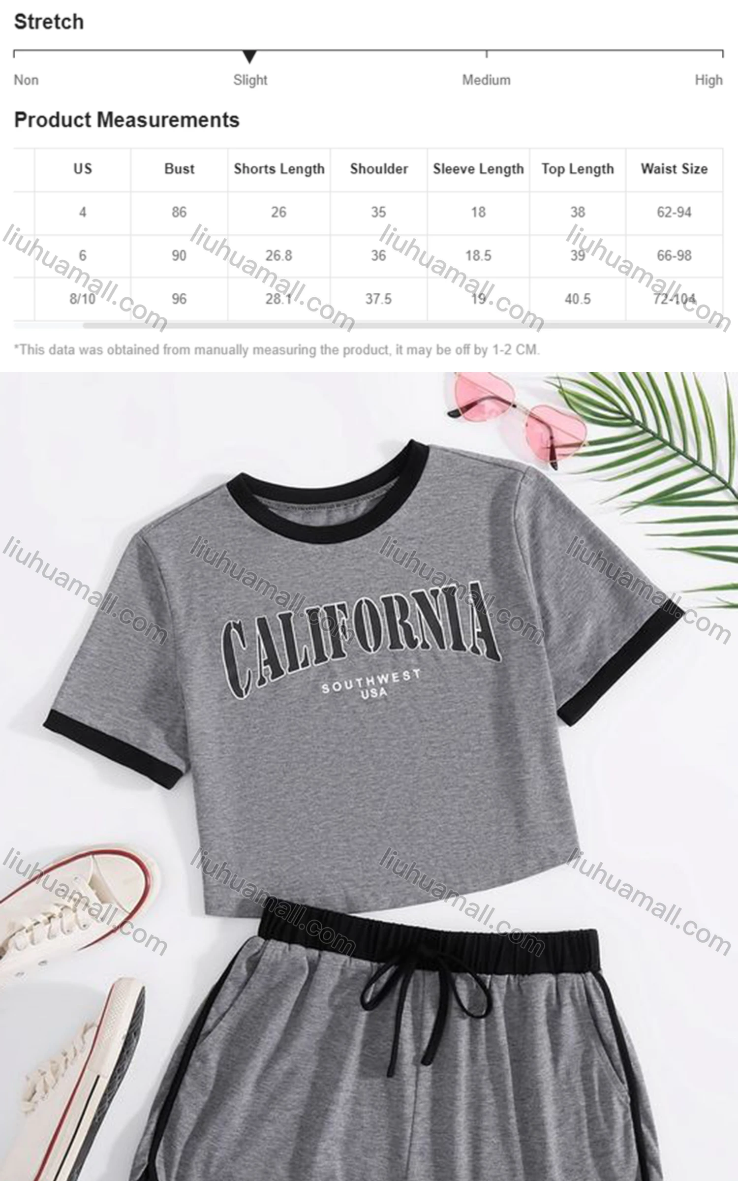 Wholesale Women's Casual Crew Neck Contrast Crop Top & Drawstring Elastic Waist Hot Shorts Set - Liuhuamall