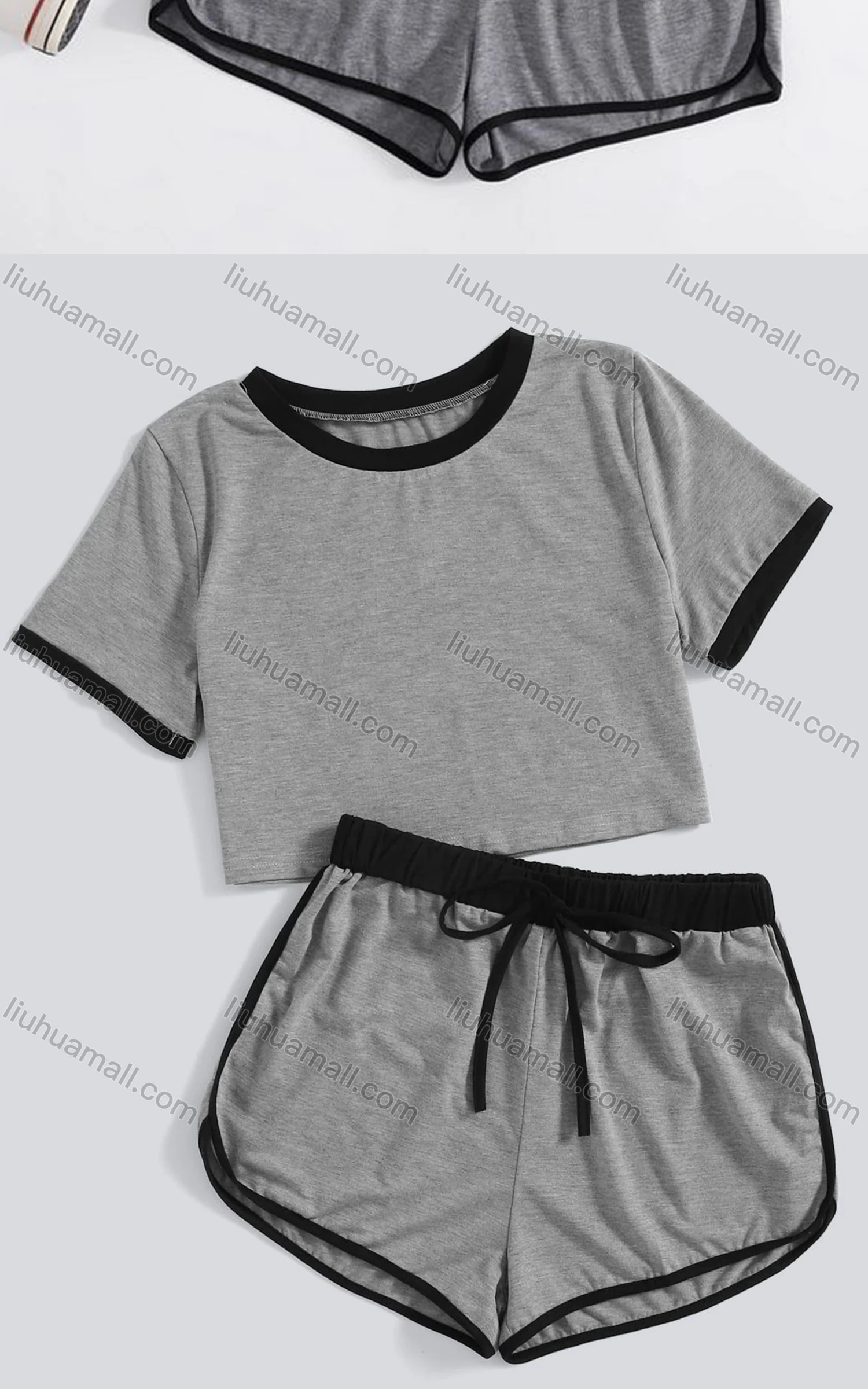 Wholesale Women's Casual Crew Neck Contrast Crop Top & Drawstring Elastic Waist Hot Shorts Set - Liuhuamall