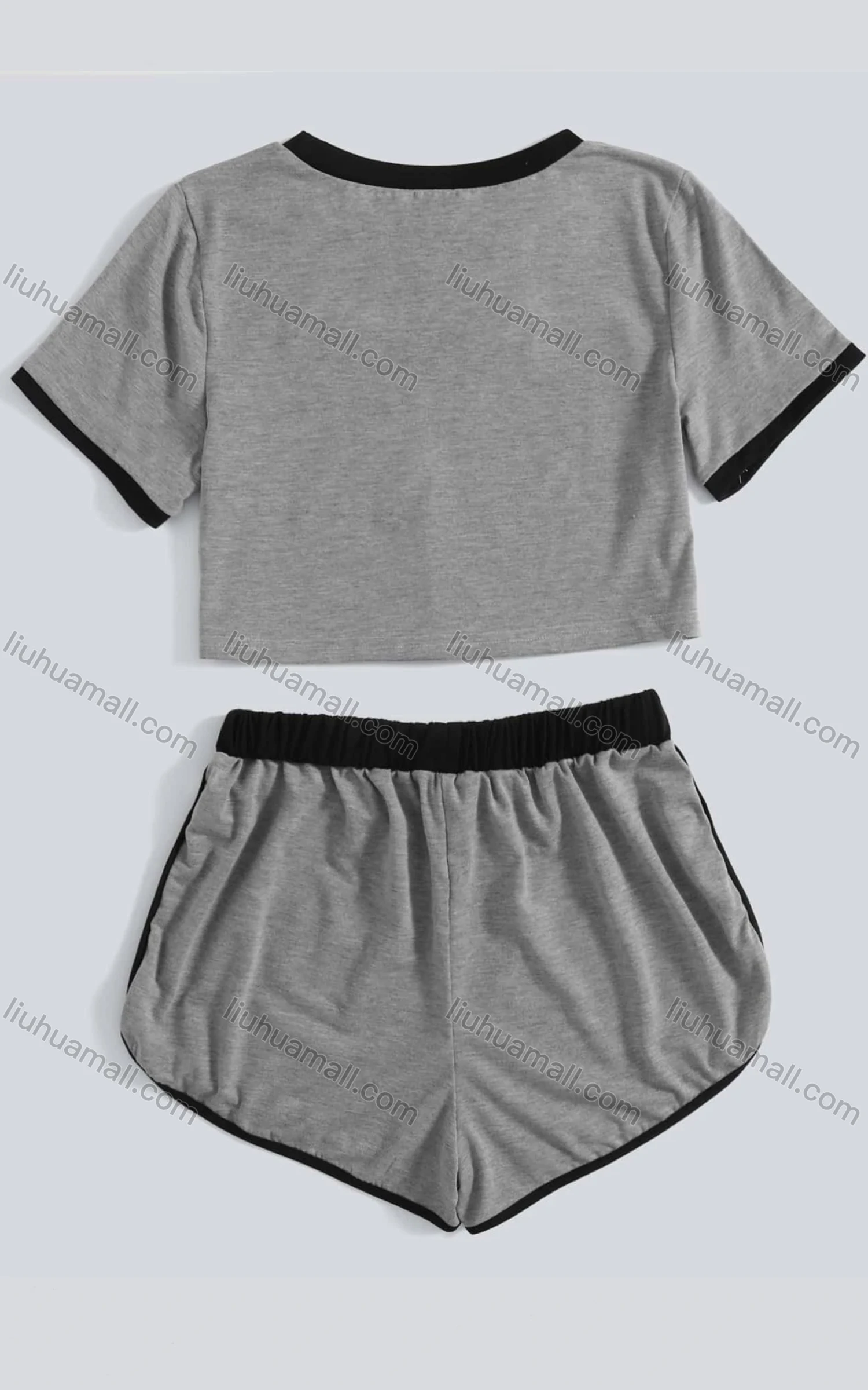 Wholesale Women's Casual Crew Neck Contrast Crop Top & Drawstring Elastic Waist Hot Shorts Set - Liuhuamall