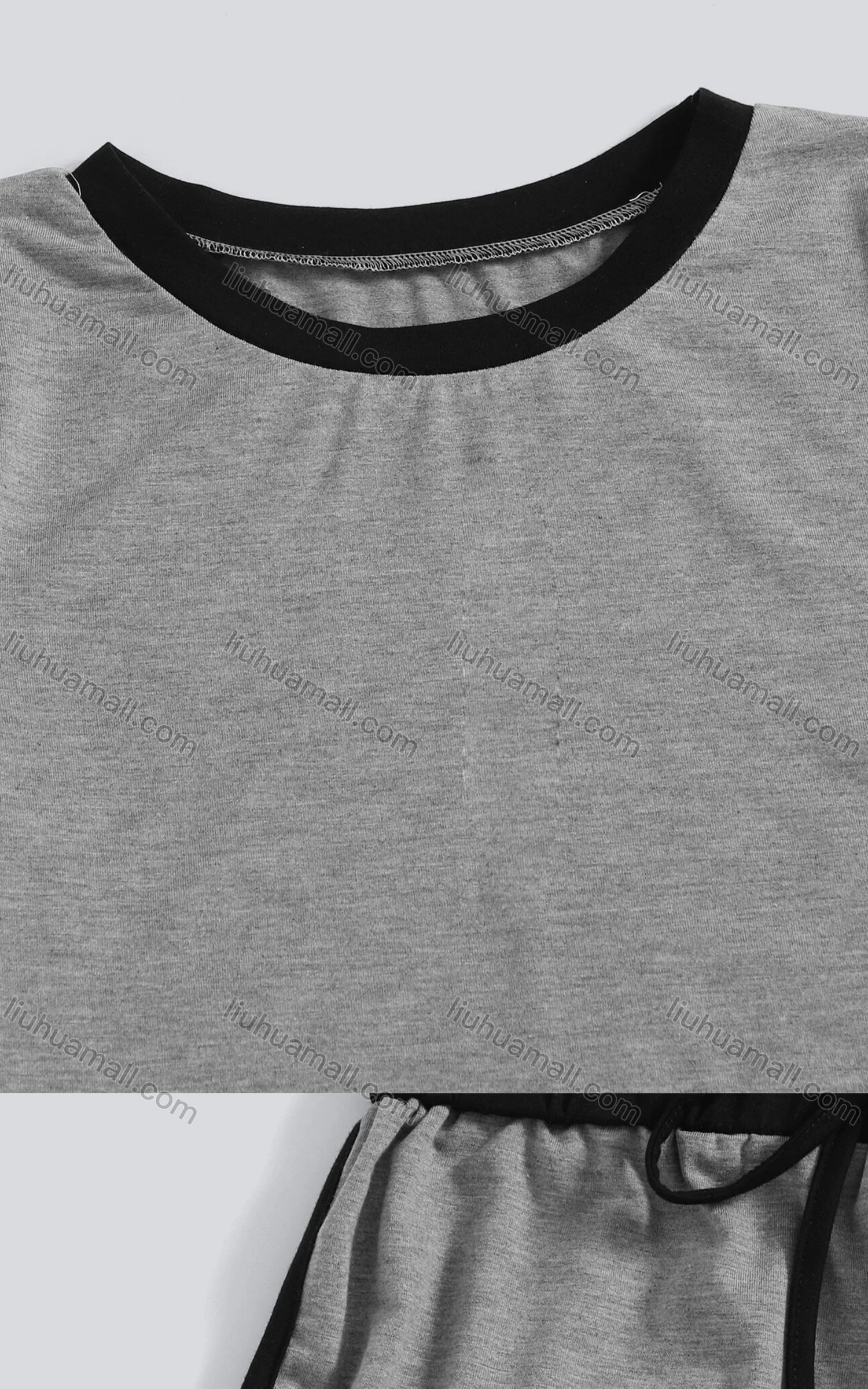 Wholesale Women's Casual Crew Neck Contrast Crop Top & Drawstring Elastic Waist Hot Shorts Set - Liuhuamall