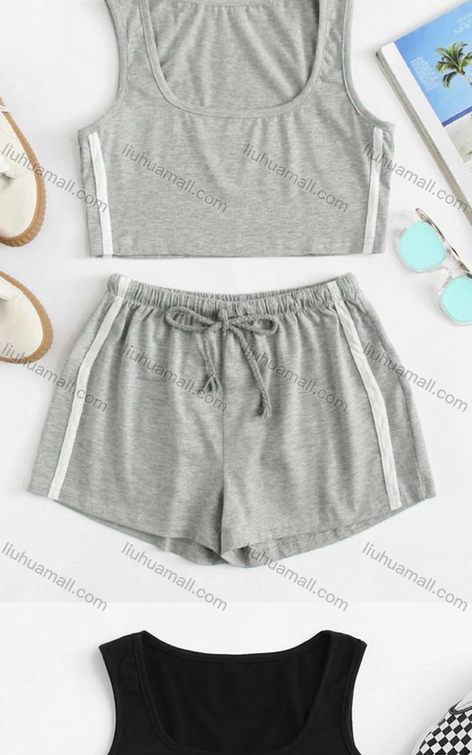 Wholesale Women's Sporty Contrast Tank Top & Drawstring Elastic Waist Hot Shorts Set - Liuhuamall
