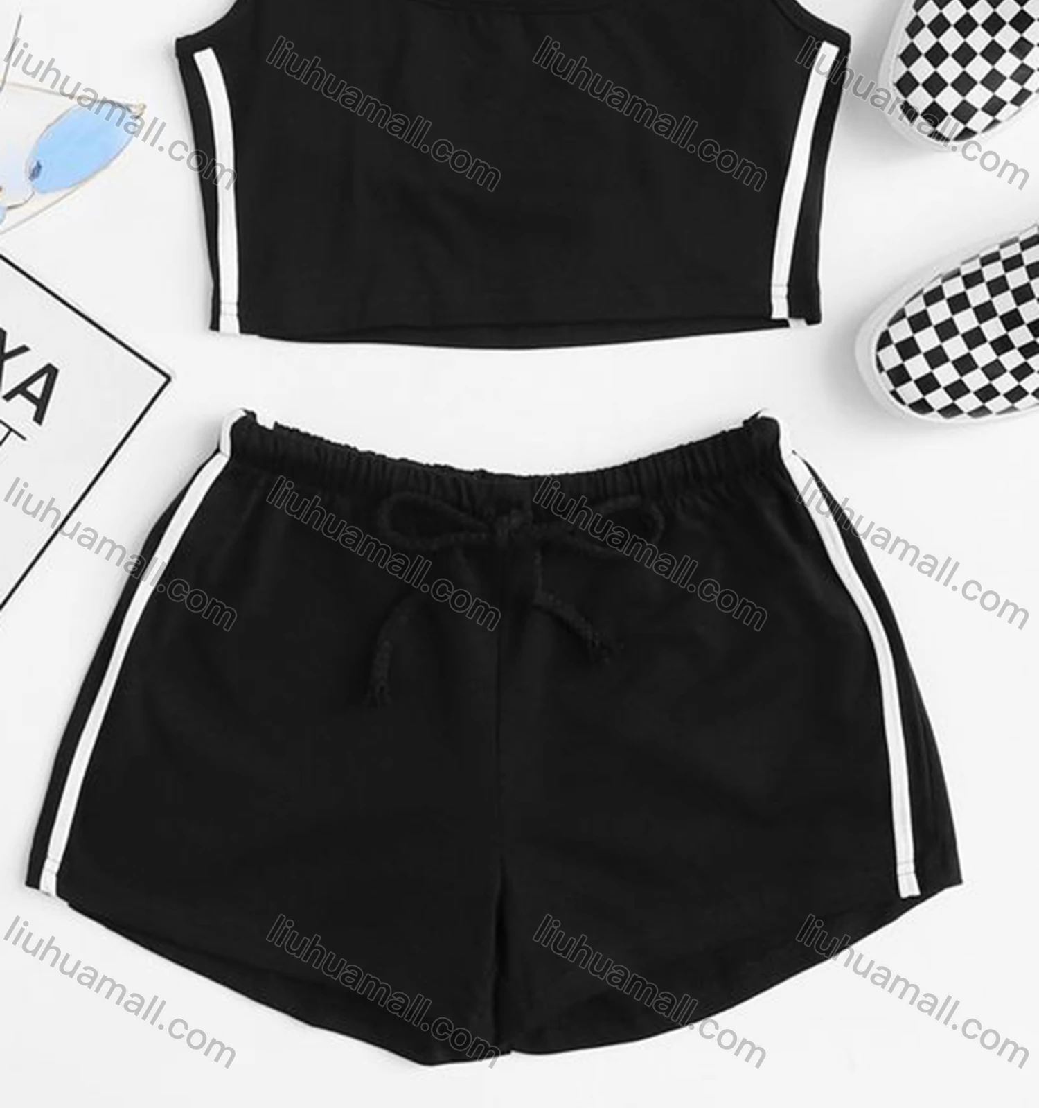 Wholesale Women's Sporty Contrast Tank Top & Drawstring Elastic Waist Hot Shorts Set - Liuhuamall