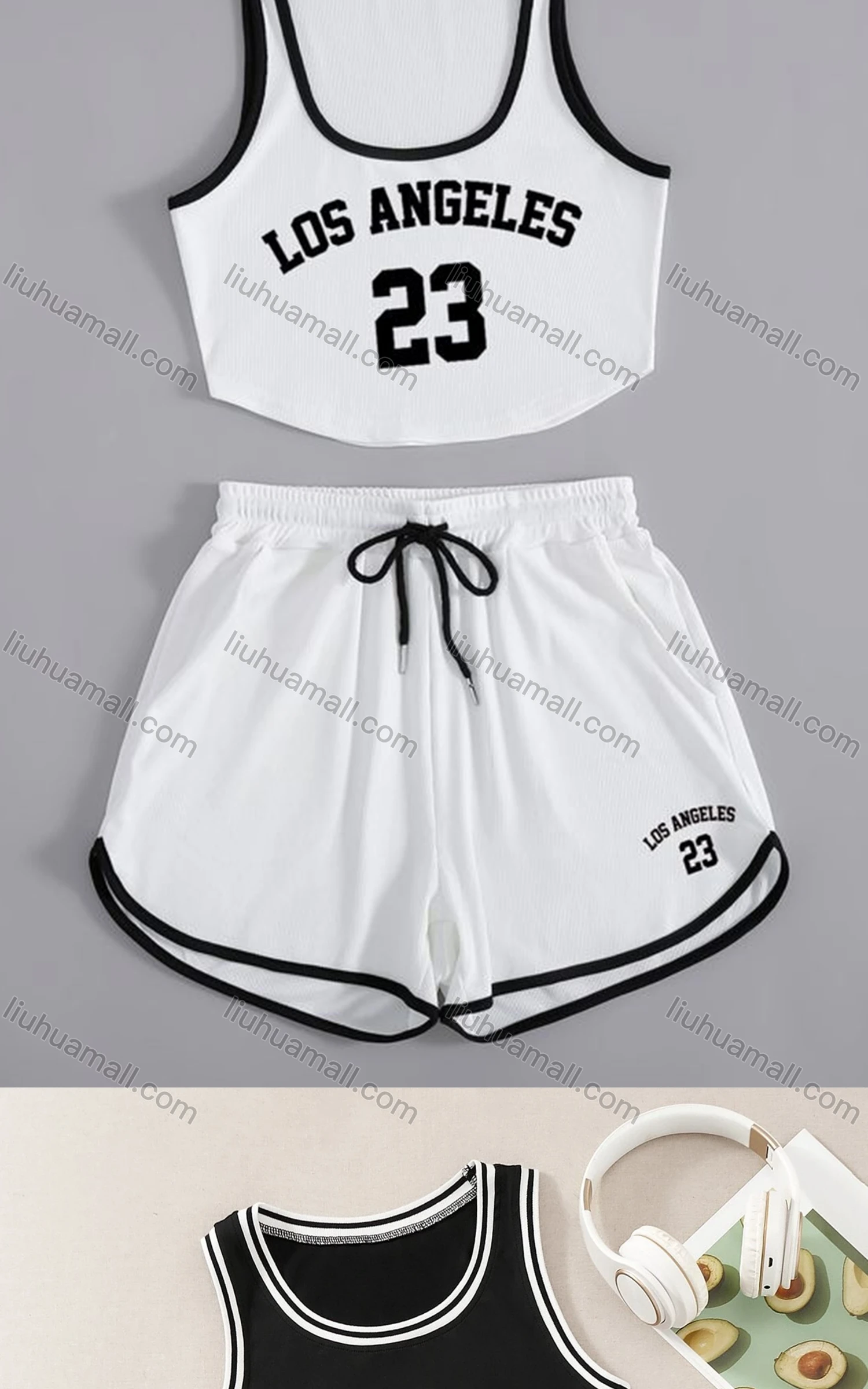 Wholesale Women's Sporty Contrast Curved Hem Tank Top & Drawstring Elastic Waist Shorts Set - Liuhuamall