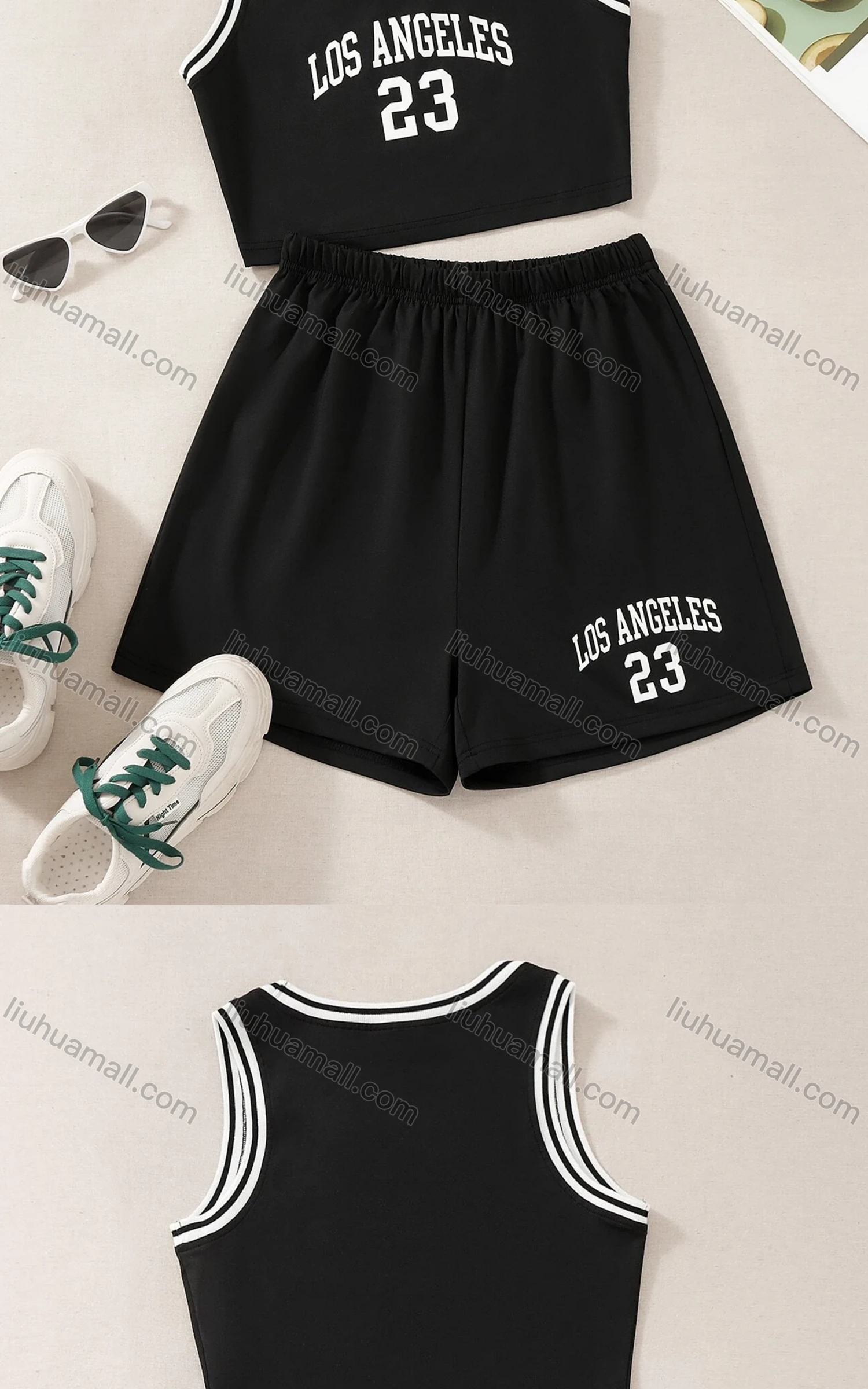 Wholesale Women's Sporty Contrast Curved Hem Tank Top & Drawstring Elastic Waist Shorts Set - Liuhuamall