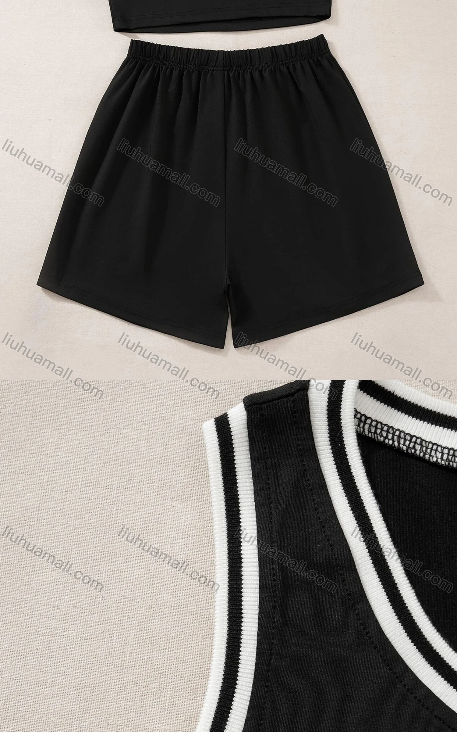 Wholesale Women's Sporty Contrast Curved Hem Tank Top & Drawstring Elastic Waist Shorts Set - Liuhuamall