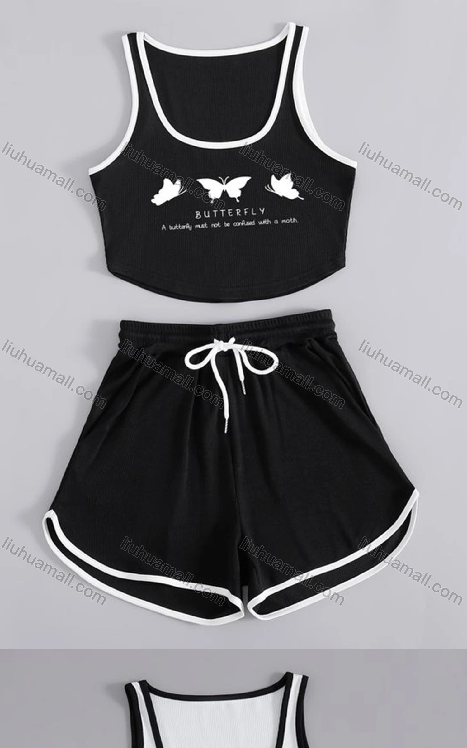 Wholesale Women's Sporty Contrast Curved Hem Tank Top & Drawstring Elastic Waist Shorts Set - Liuhuamall