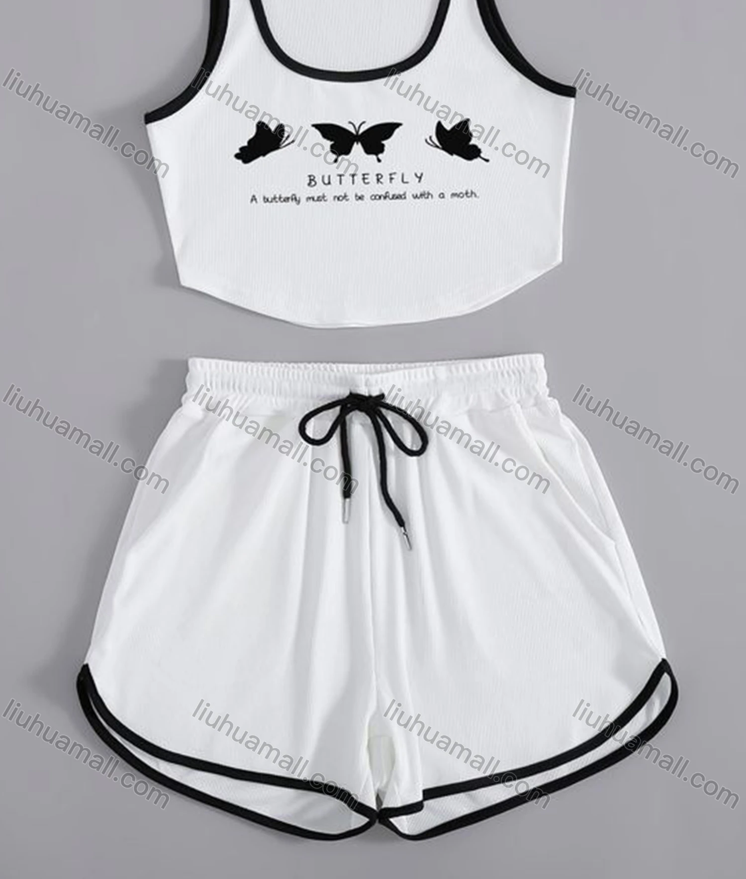 Wholesale Women's Sporty Contrast Curved Hem Tank Top & Drawstring Elastic Waist Shorts Set - Liuhuamall