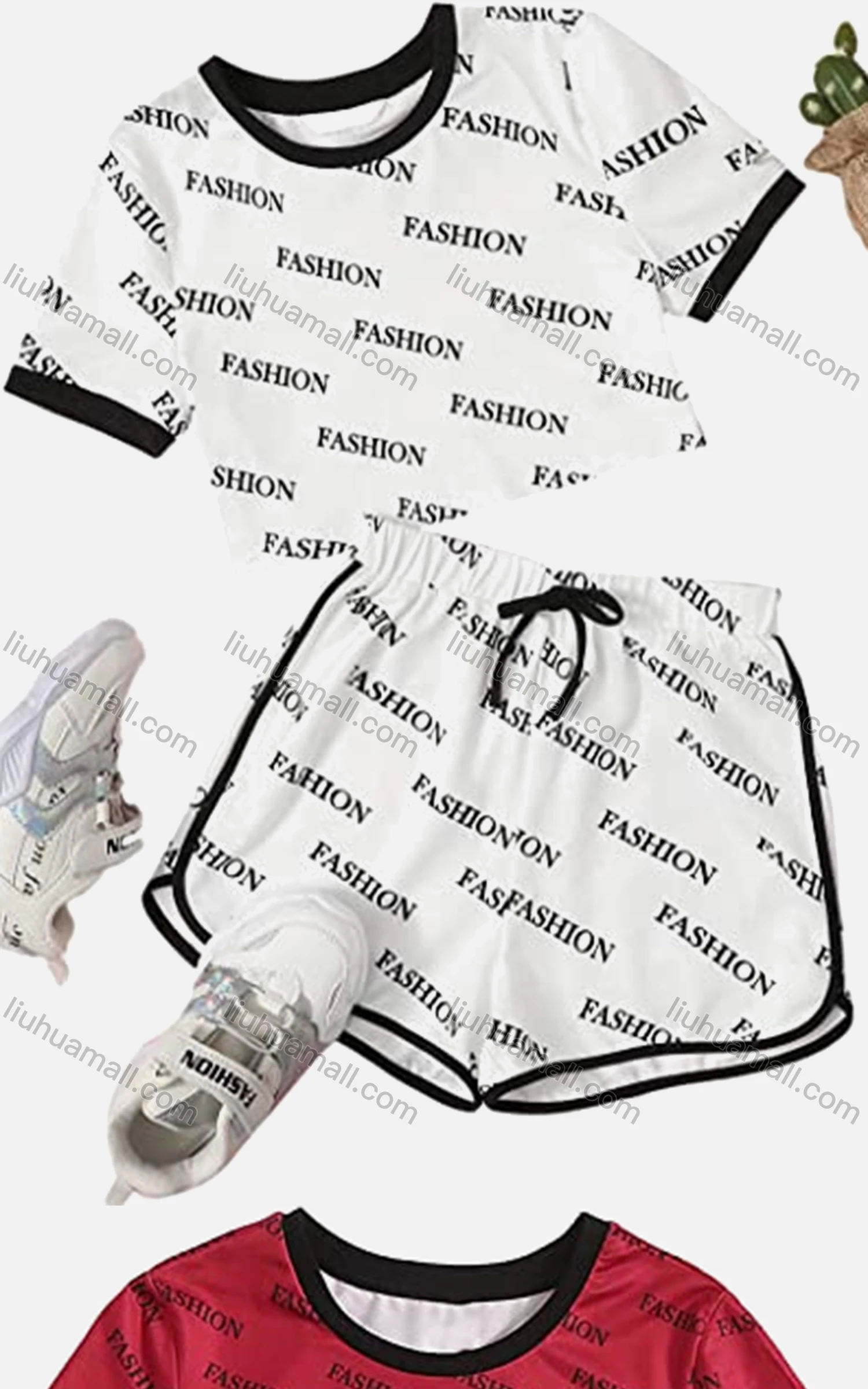 Wholesale Women's Casual Letter Crop T-shirt & Elastic Waist Shorts Set - Liuhuamall