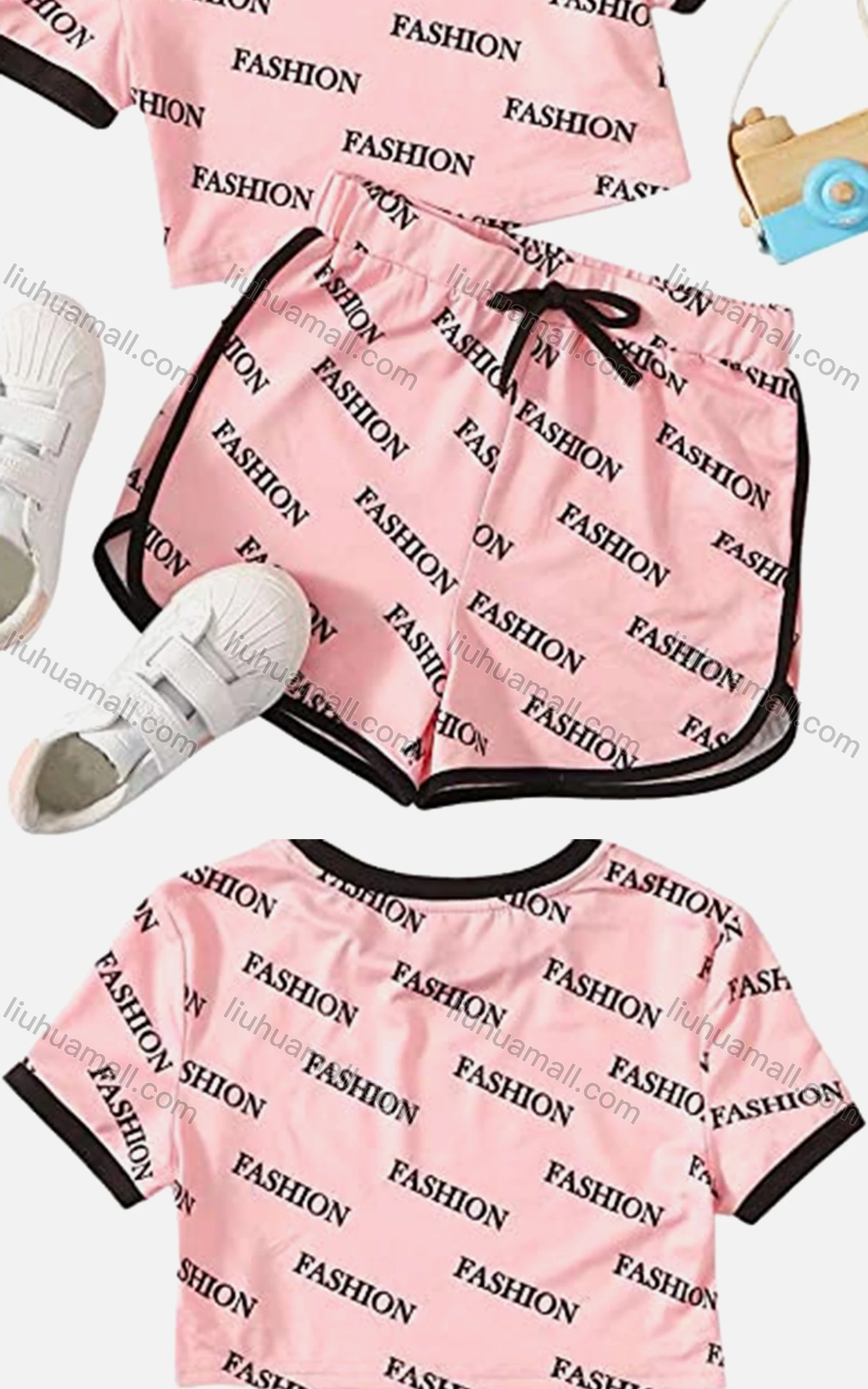 Wholesale Women's Casual Letter Crop T-shirt & Elastic Waist Shorts Set - Liuhuamall