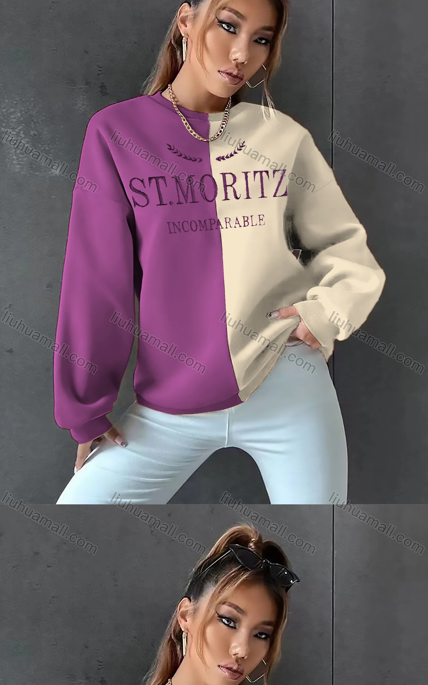 Wholesale Women's Casual Crew Neck Long Sleeve Colorblock Letter Sweatshirt - Liuhuamall