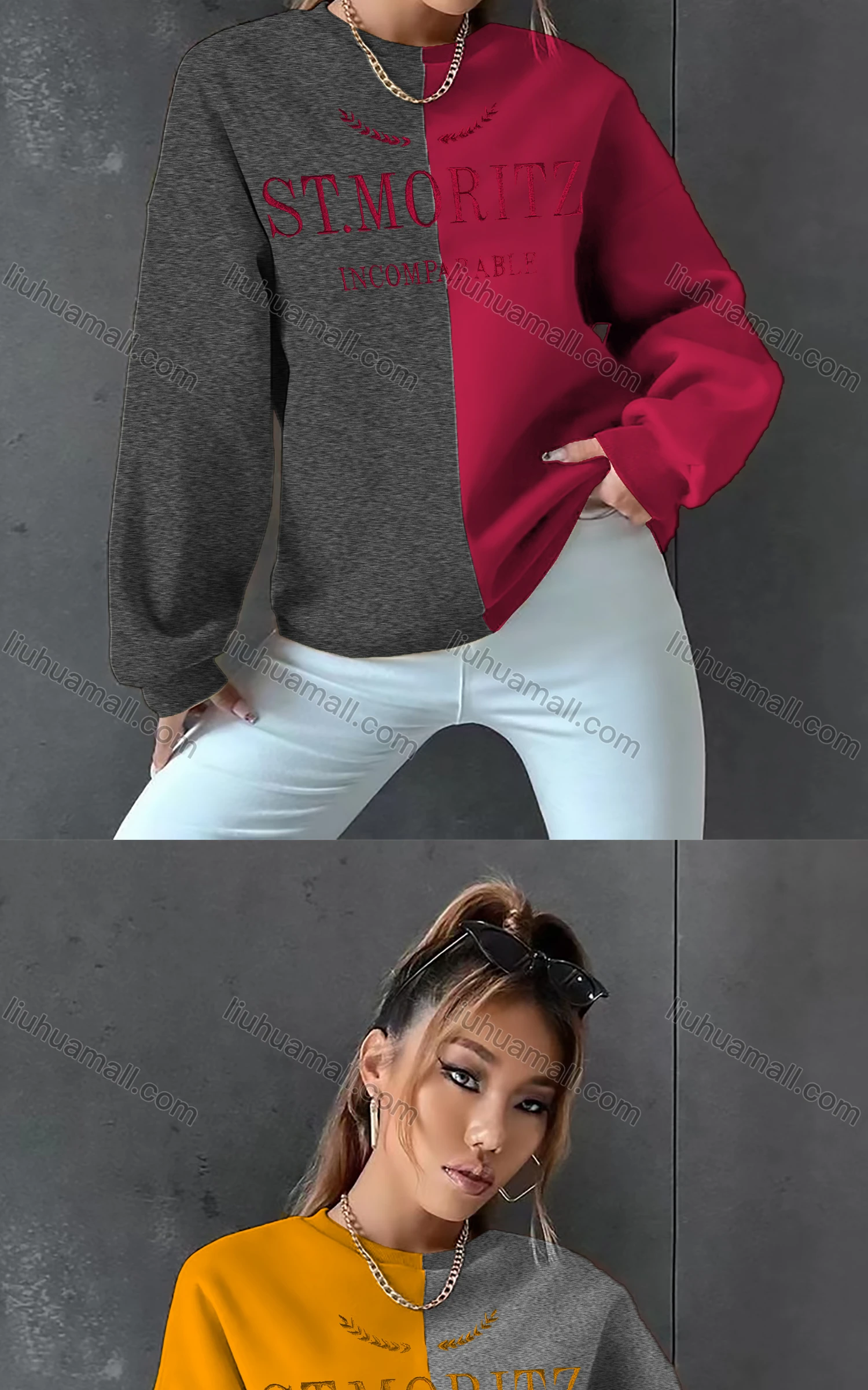 Wholesale Women's Casual Crew Neck Long Sleeve Colorblock Letter Sweatshirt - Liuhuamall