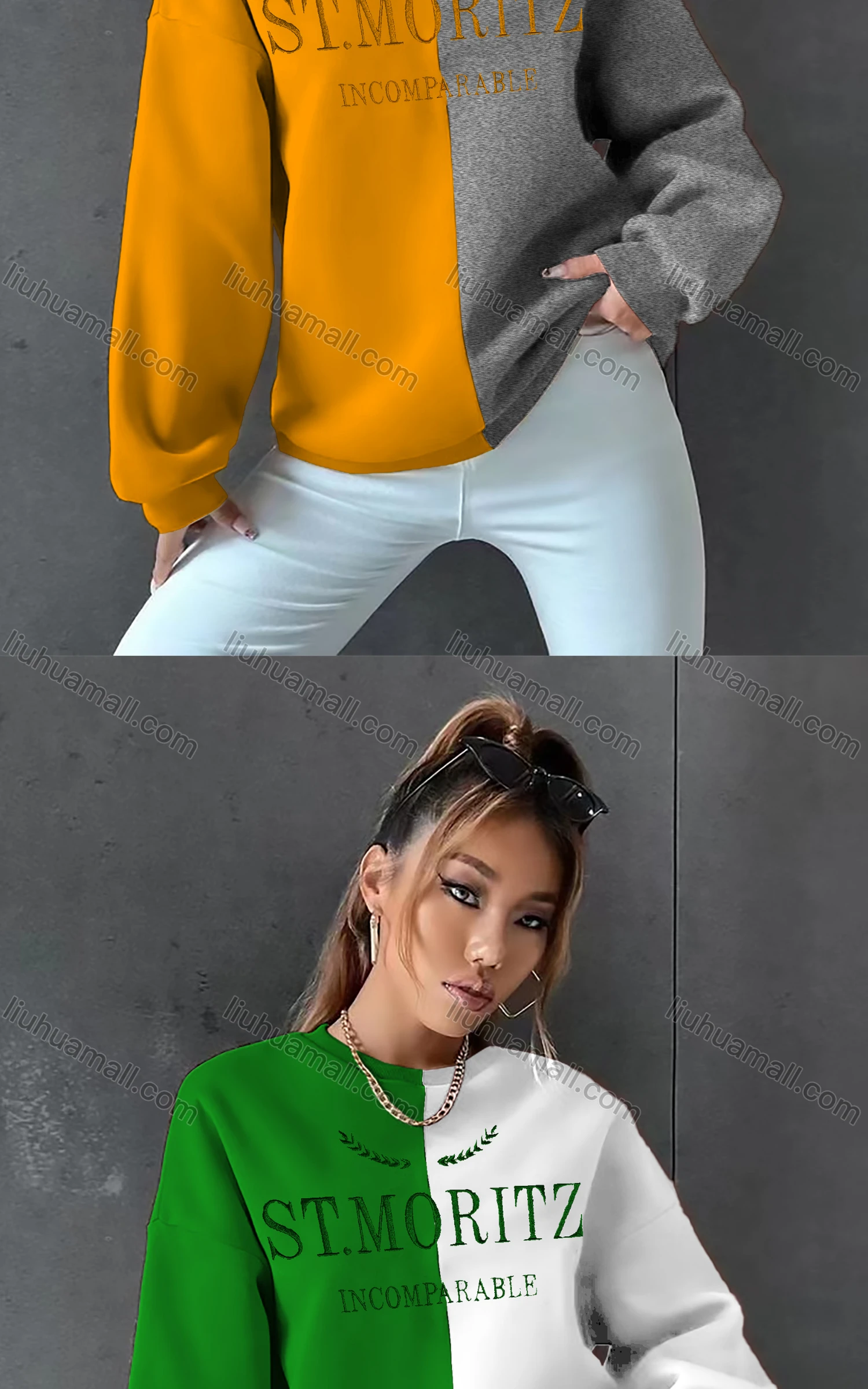 Wholesale Women's Casual Crew Neck Long Sleeve Colorblock Letter Sweatshirt - Liuhuamall