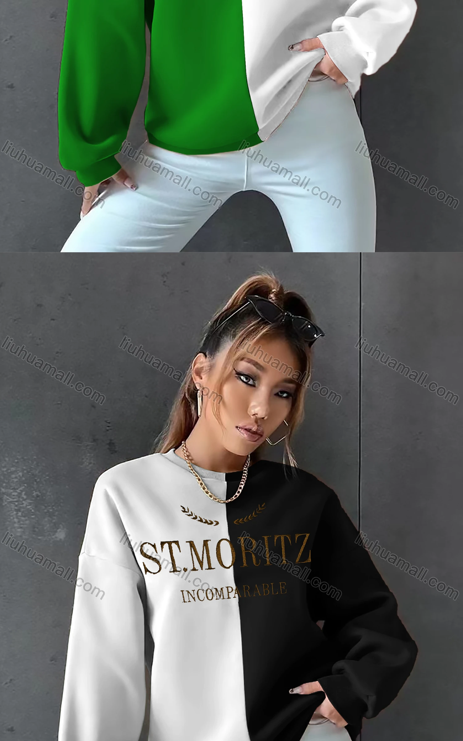 Wholesale Women's Casual Crew Neck Long Sleeve Colorblock Letter Sweatshirt - Liuhuamall