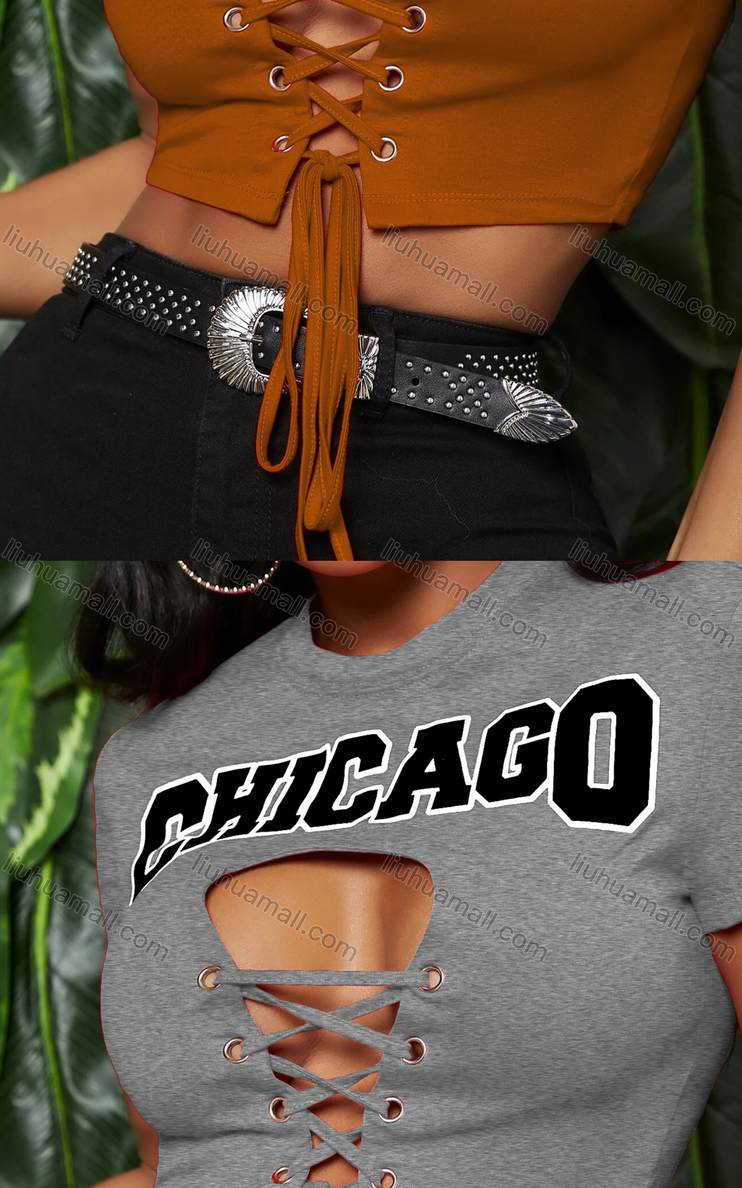 Wholesale Women's Sexy Crew Neck Criss Cross Lace Up Cutout Crop Top - Liuhuamall