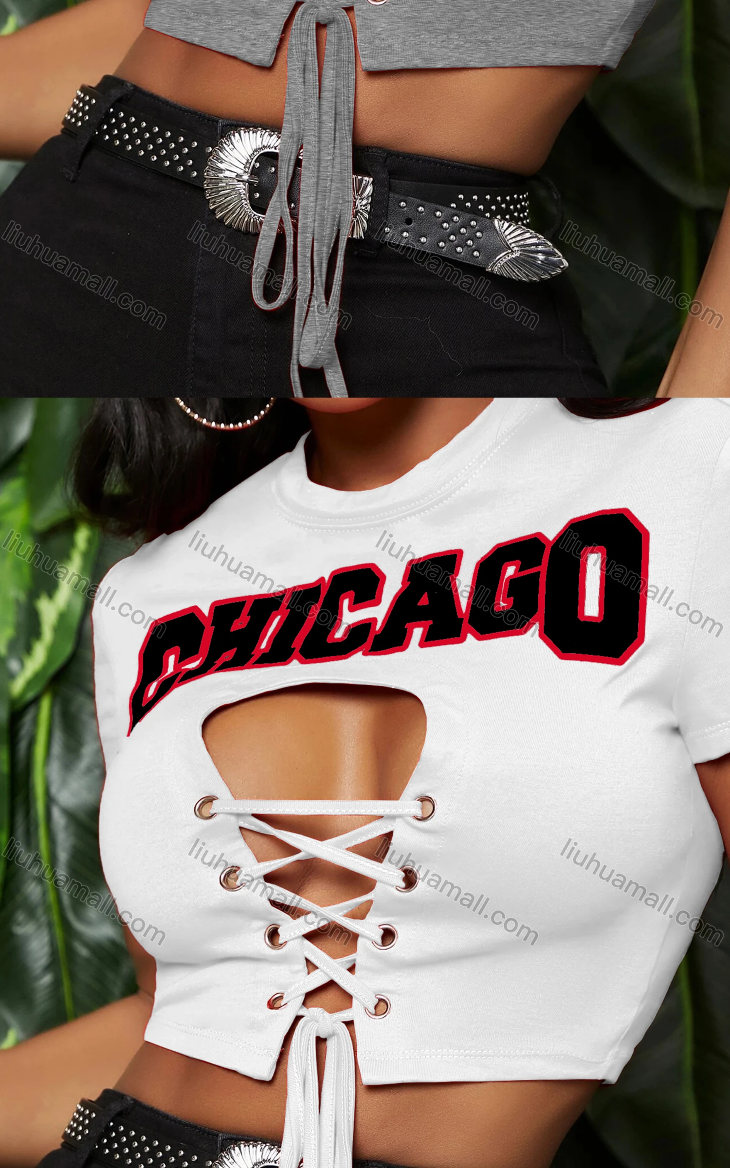 Wholesale Women's Sexy Crew Neck Criss Cross Lace Up Cutout Crop Top - Liuhuamall